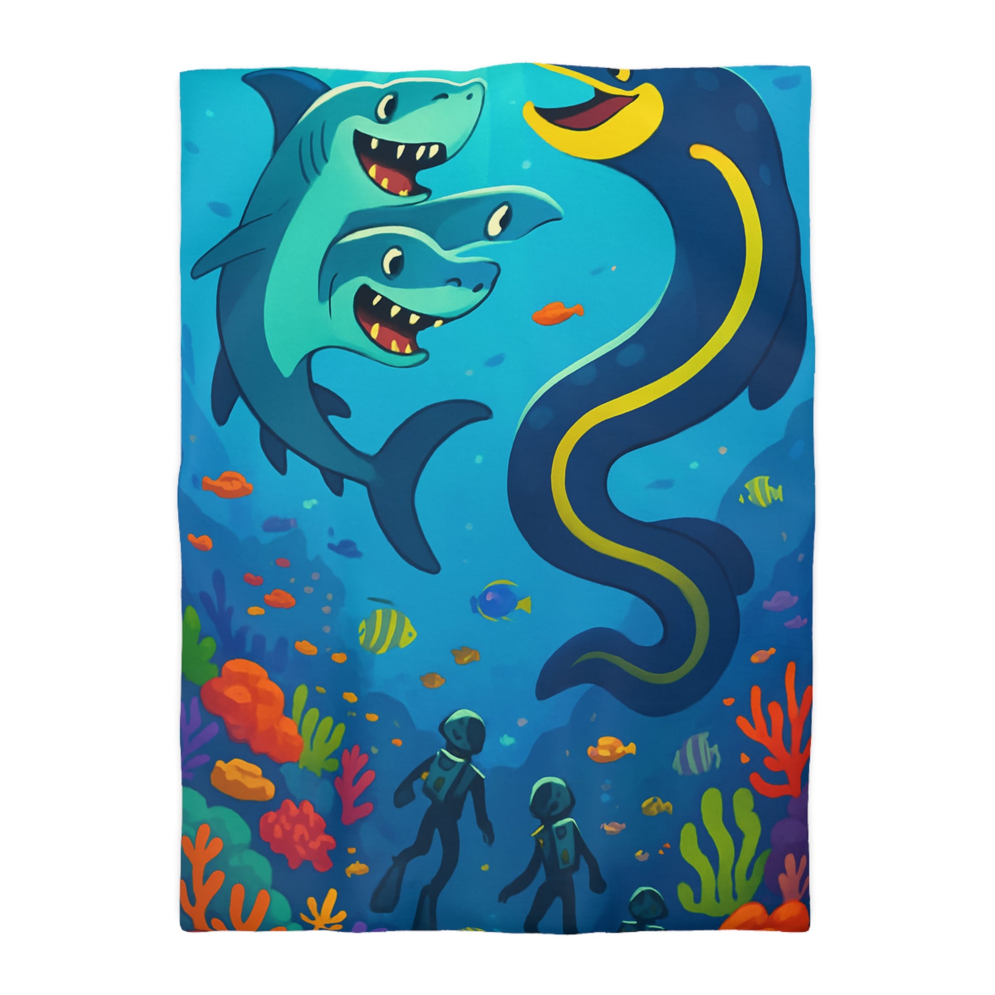 Housse de couette océan vibrante avec requins amicaux et plongeurs explorateurs