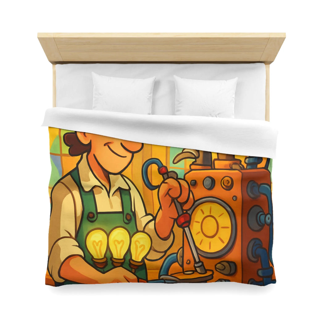 Housse de Couette Illustre Inventeur avec Machine Énergétique et Vitrail Coloré Artistique