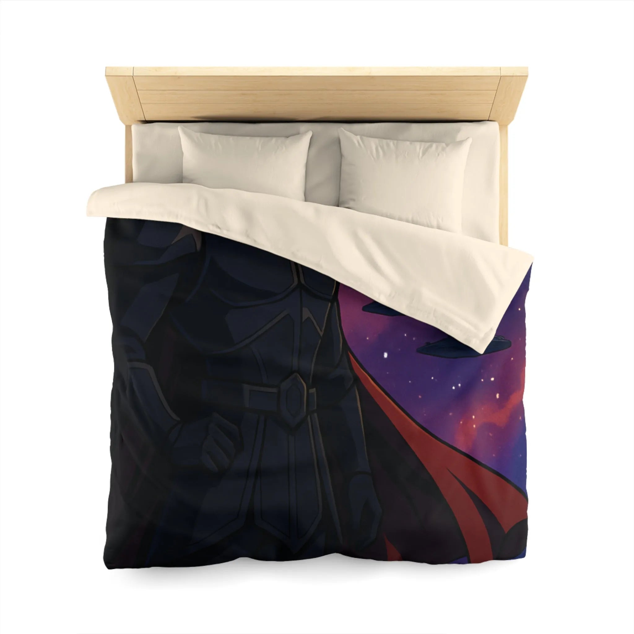 Housse de couette épique guerre galactique avec personnage en cape et vaisseaux spatiaux