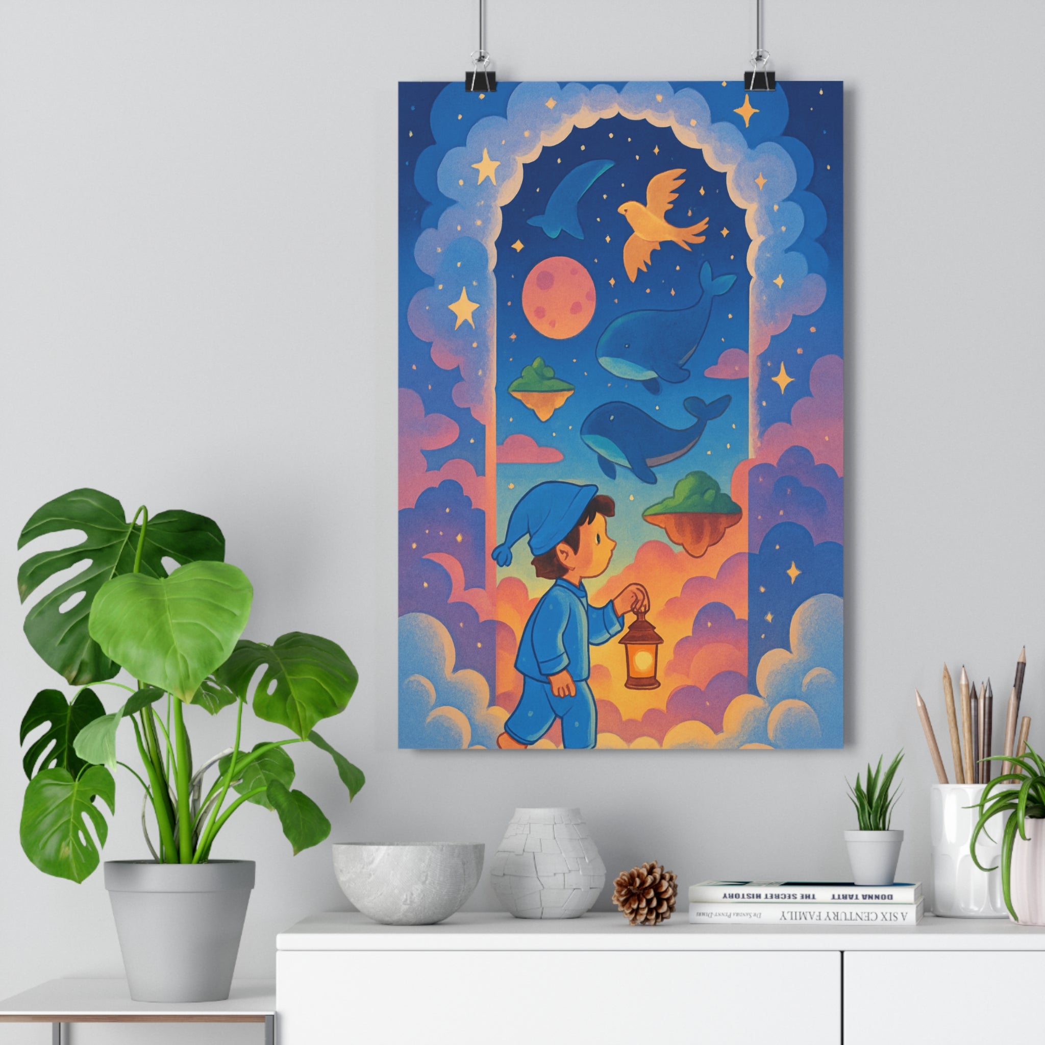 Poster décoratif enfant rêveur magique nuages lune bleu rose jaune chambre 30x46 cm rêve