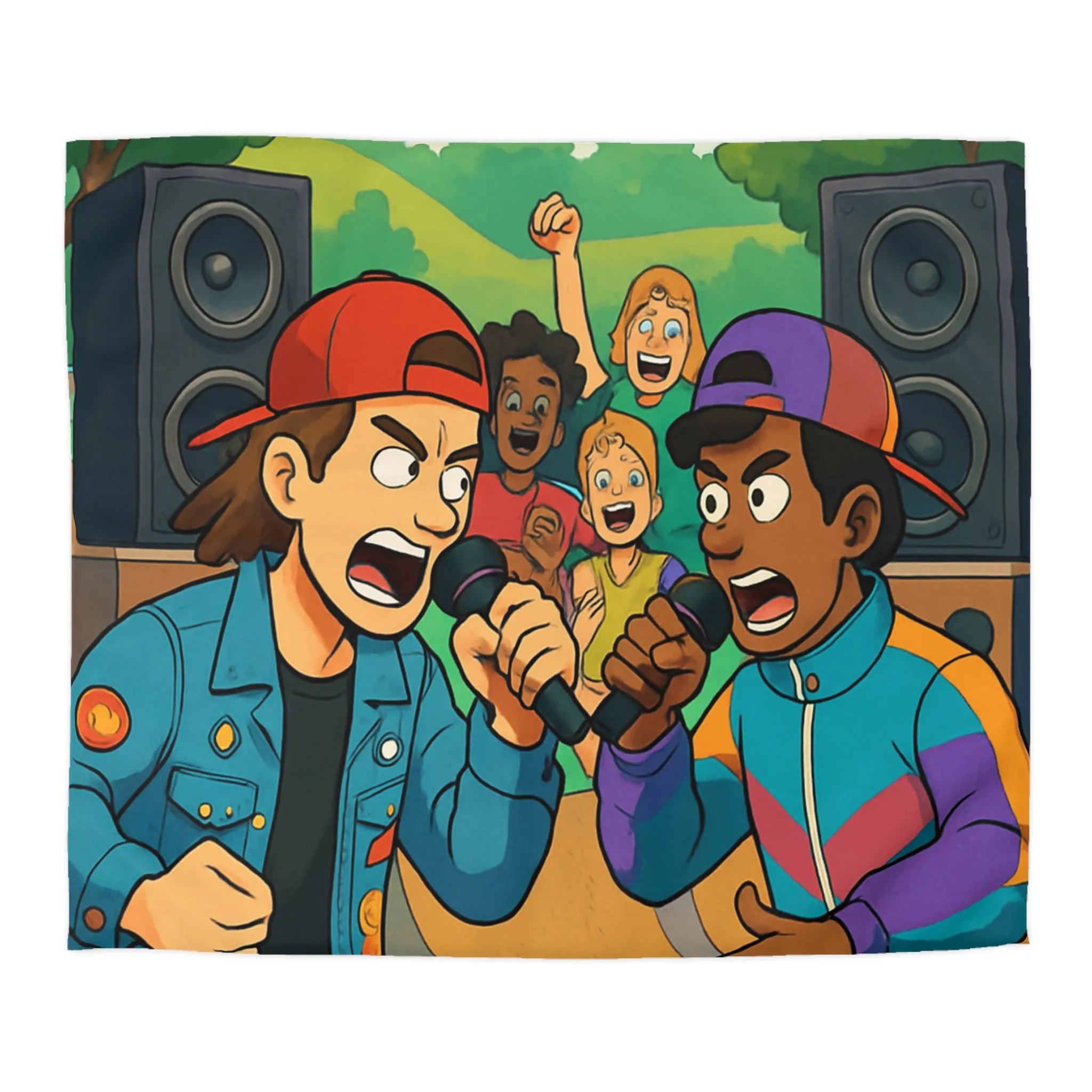 Housse de couette colorée style urbain avec jeunes en compétition de rap animée