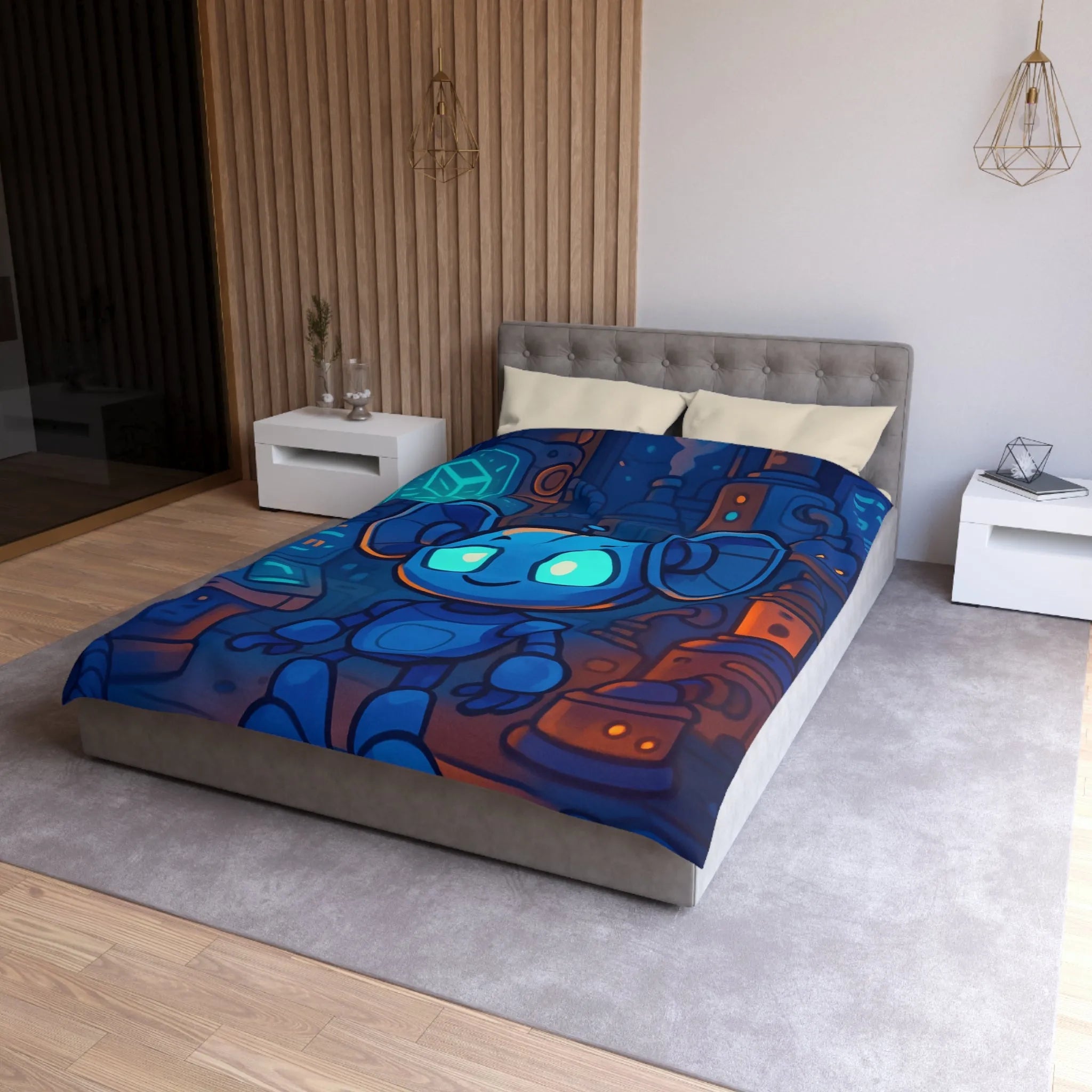 Housse de couette enfant motif robot mignon bleu dans laboratoire futuriste nuit