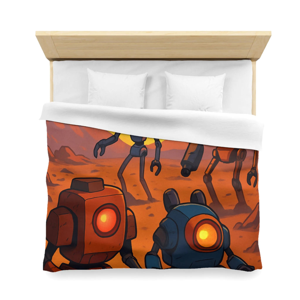 Housse de couette avec robots colorés dans un paysage désertique au coucher du soleil