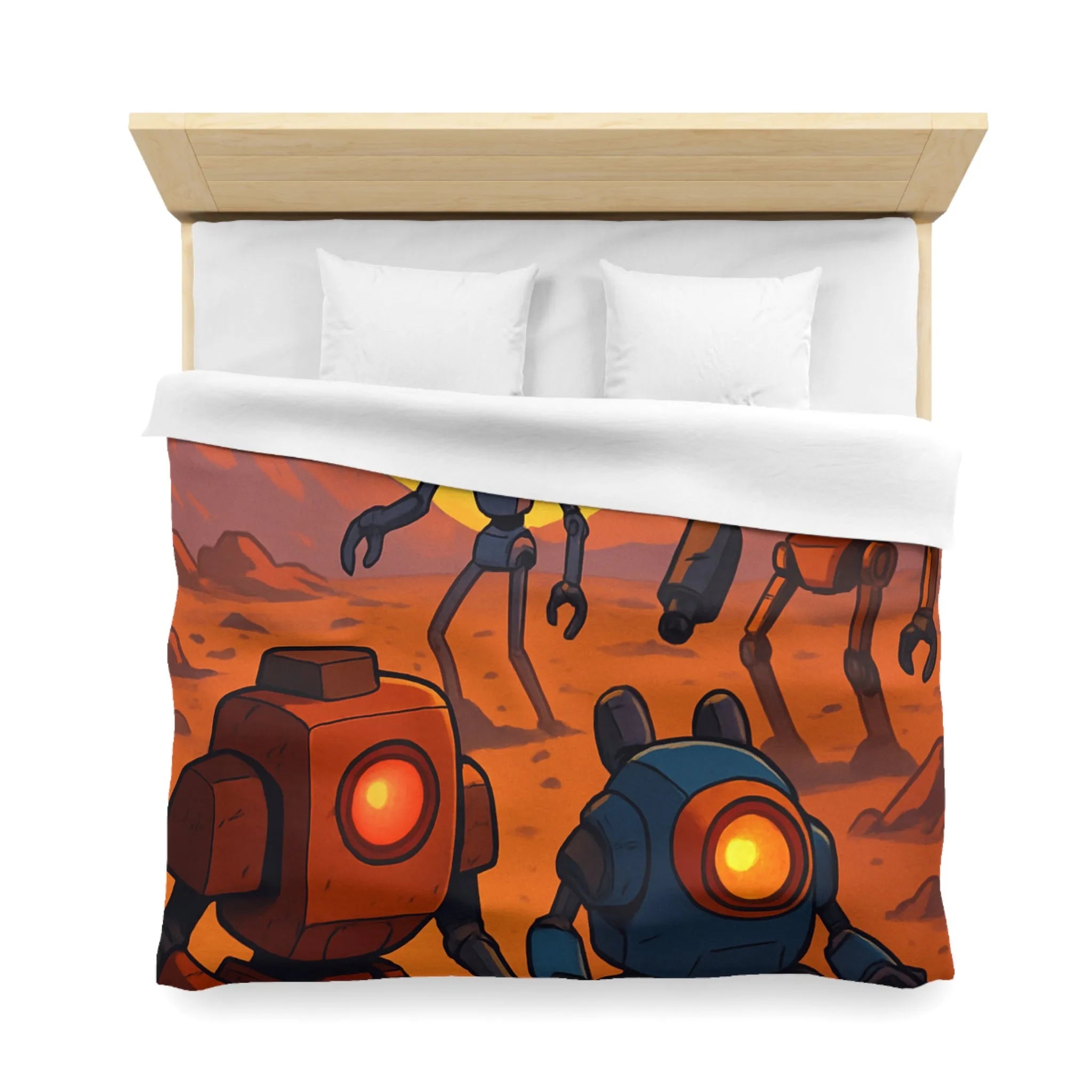 Housse de couette avec robots colorés dans un paysage désertique au coucher du soleil