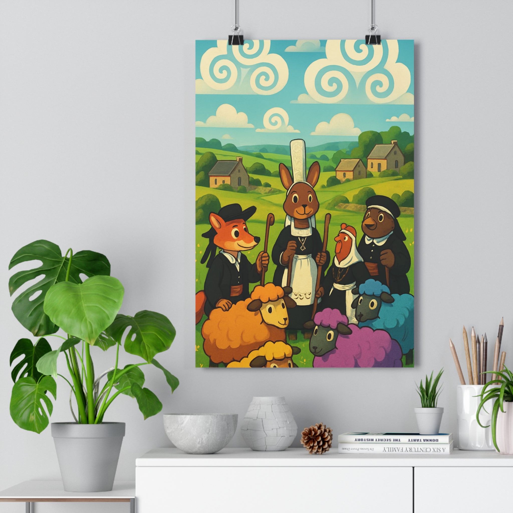 Poster décoratif dessin animé coloré breton animaux renard lapin salon chambre joyeux féerique enfants
