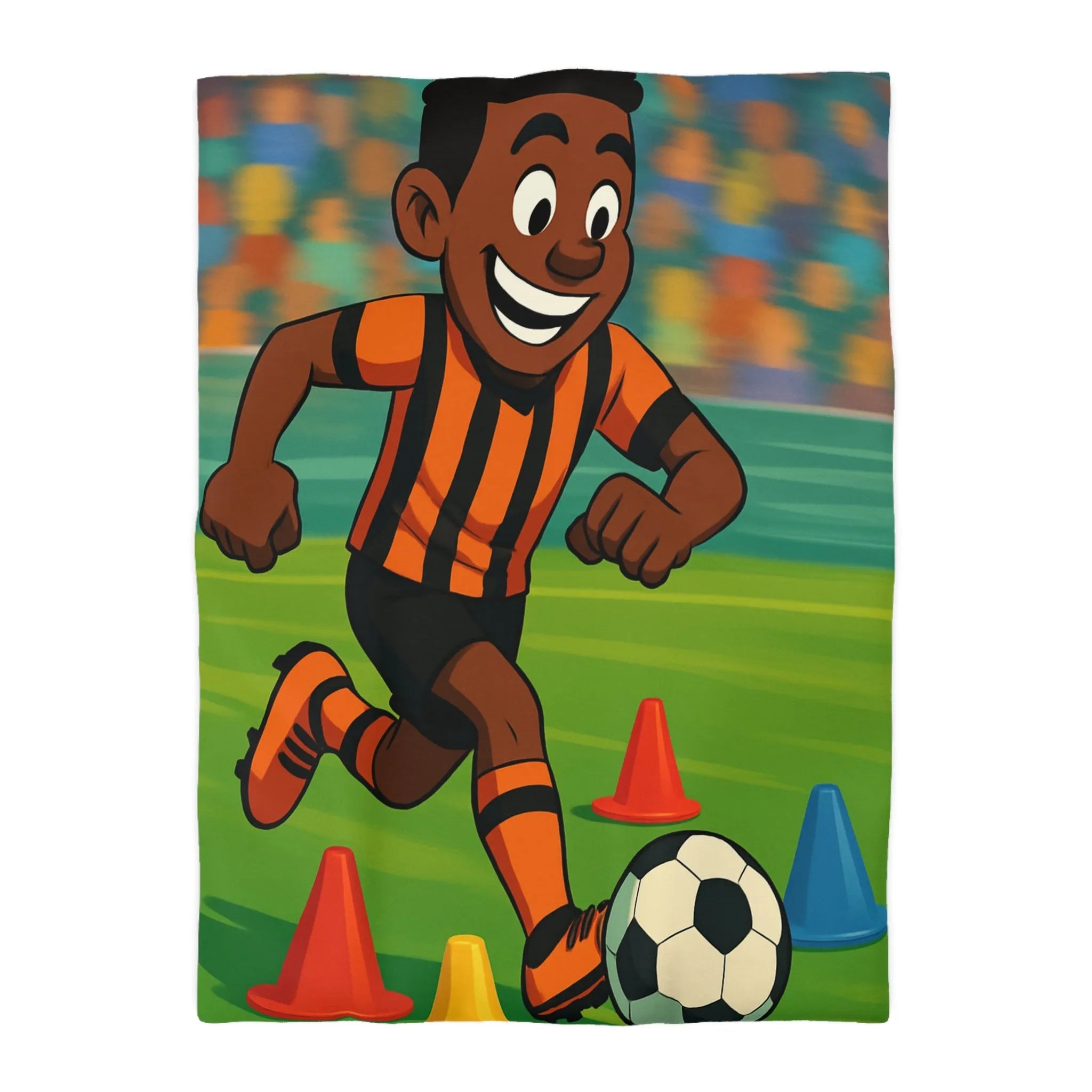 Housse de couette football enfant dynamique avec joueur souriant en action colorée