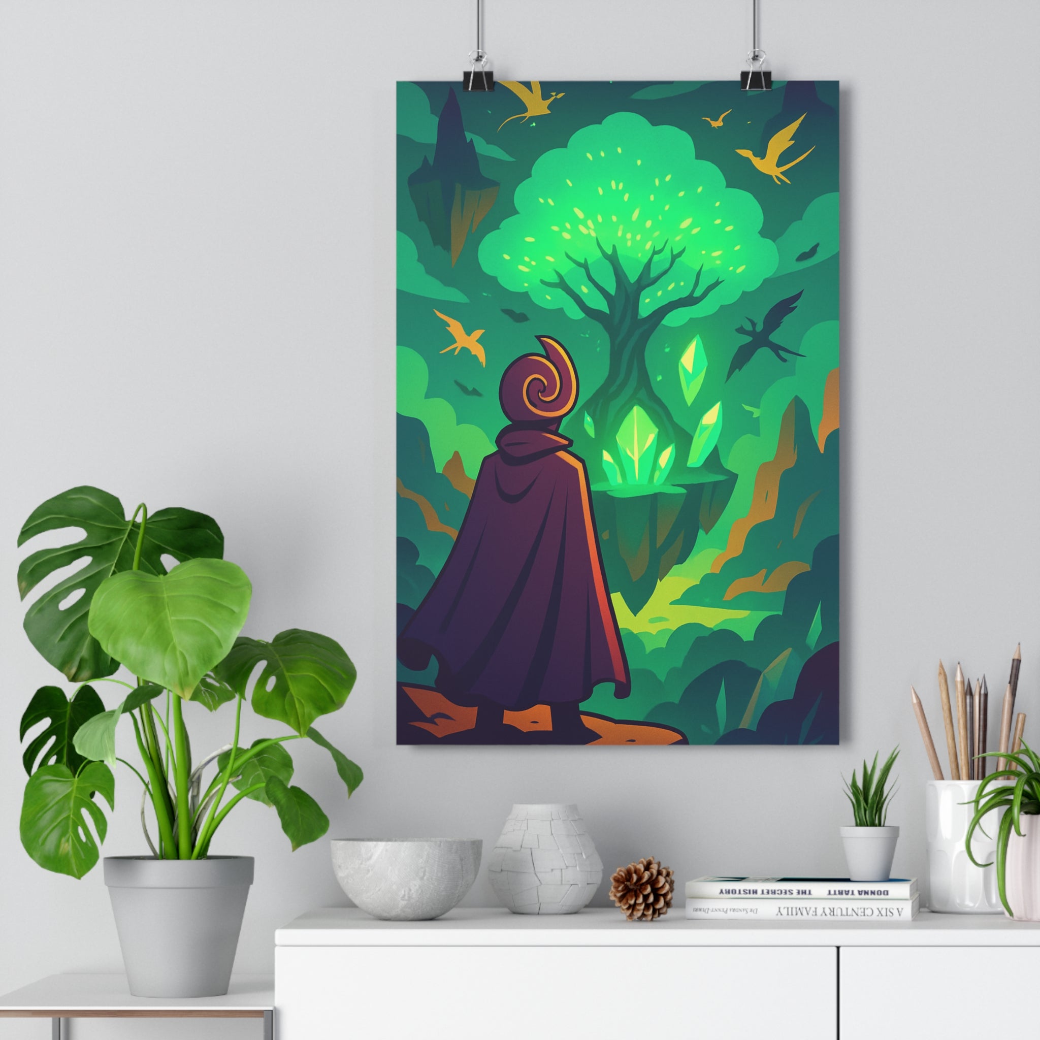 Poster décoratif fantastique mystique vert émeraude salon bureau moderne féerique vibrant 30x46 ambiance rêveuse