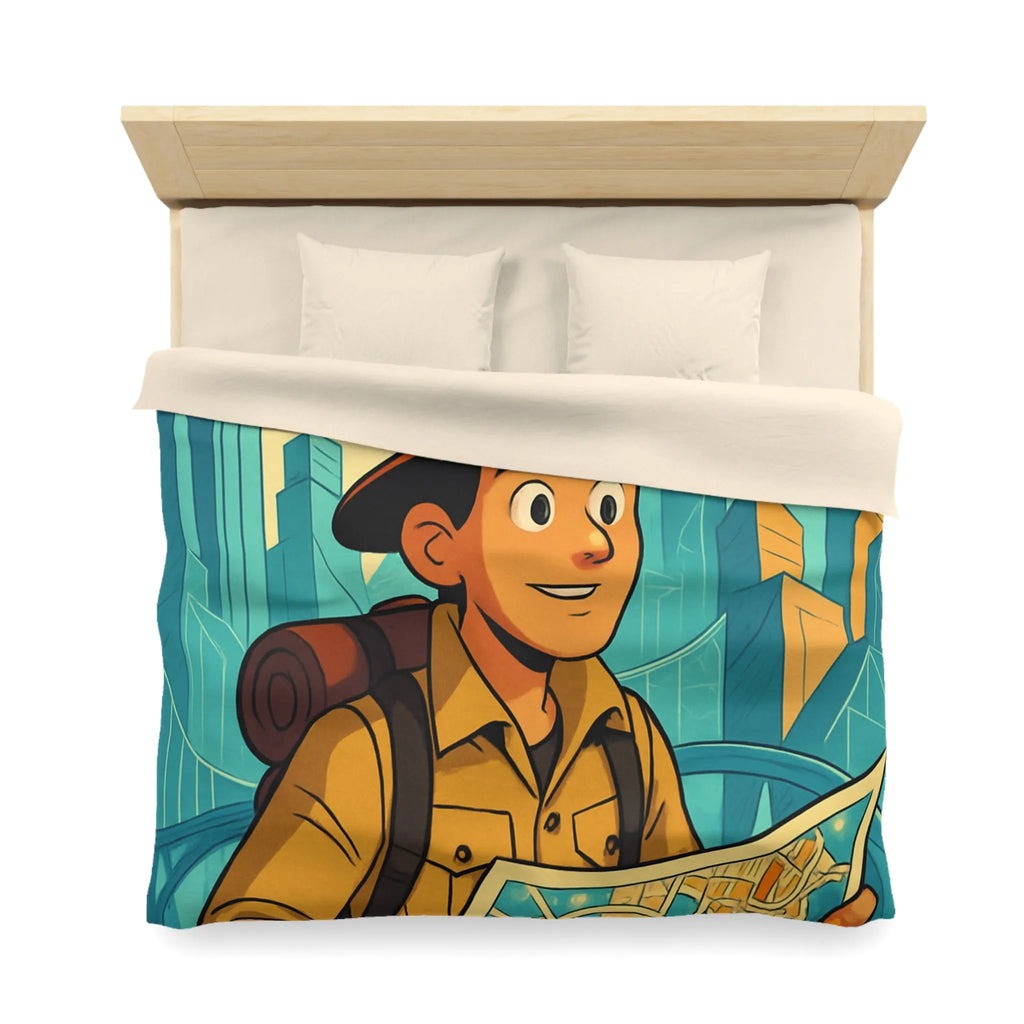 Découverte urbaine vibrante : jeune explorateur avec carte et gratte-ciels illustrés