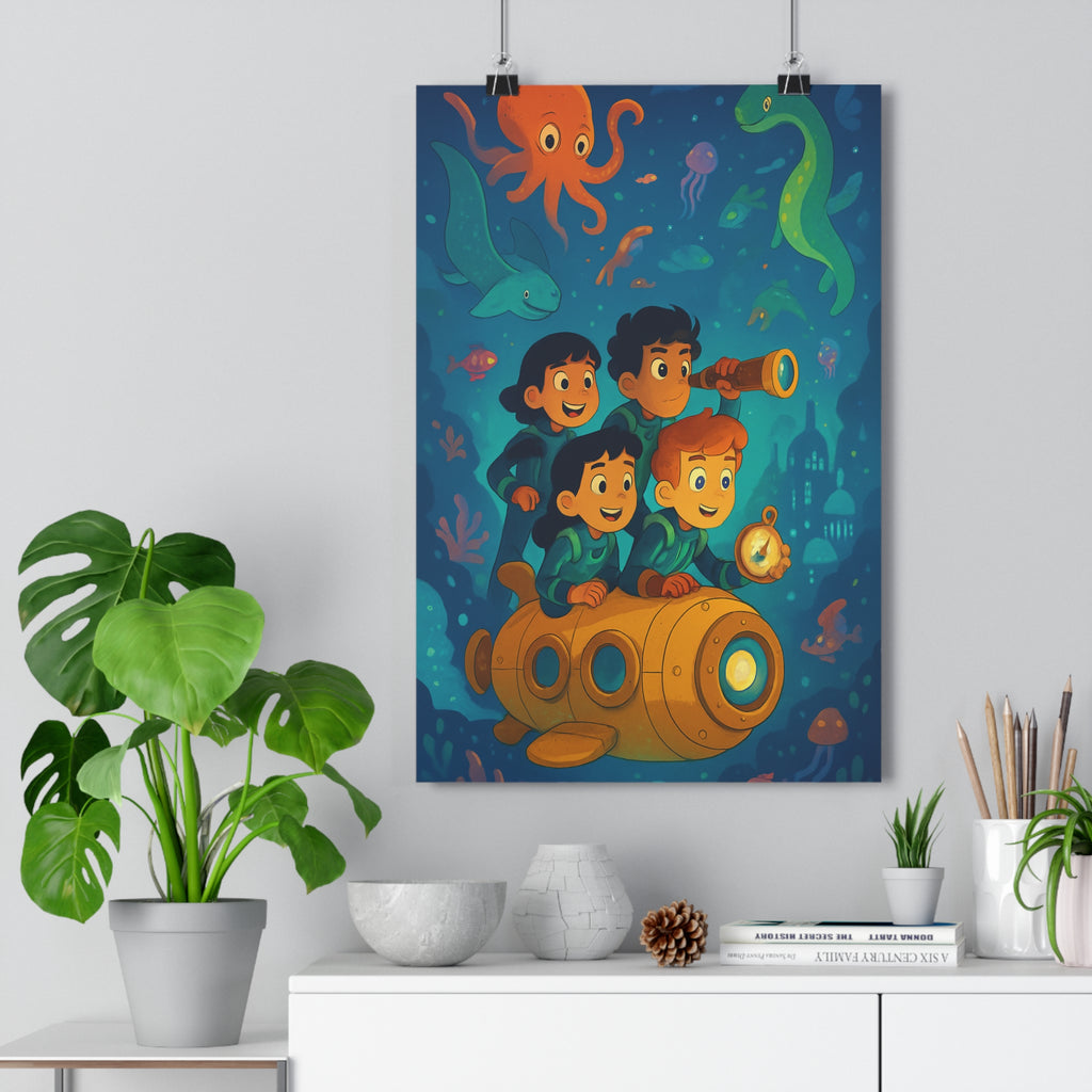 Poster décoratif aventure sousmarin jaune bleu corail enfant créature marine magique océan vibrant chambre