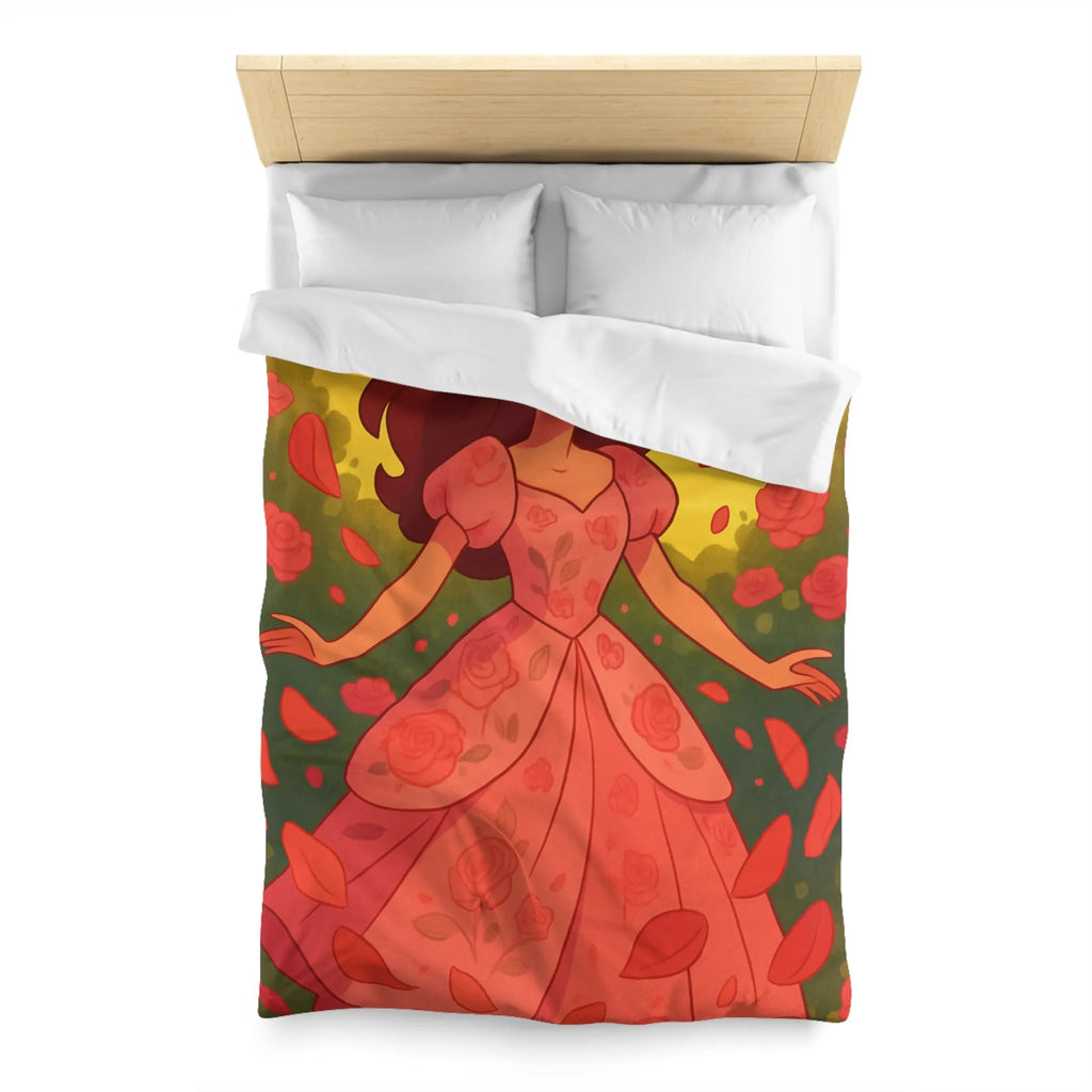 Housse de couette délicatement illustrée avec motif de danse joyeuse parmi les roses rouges