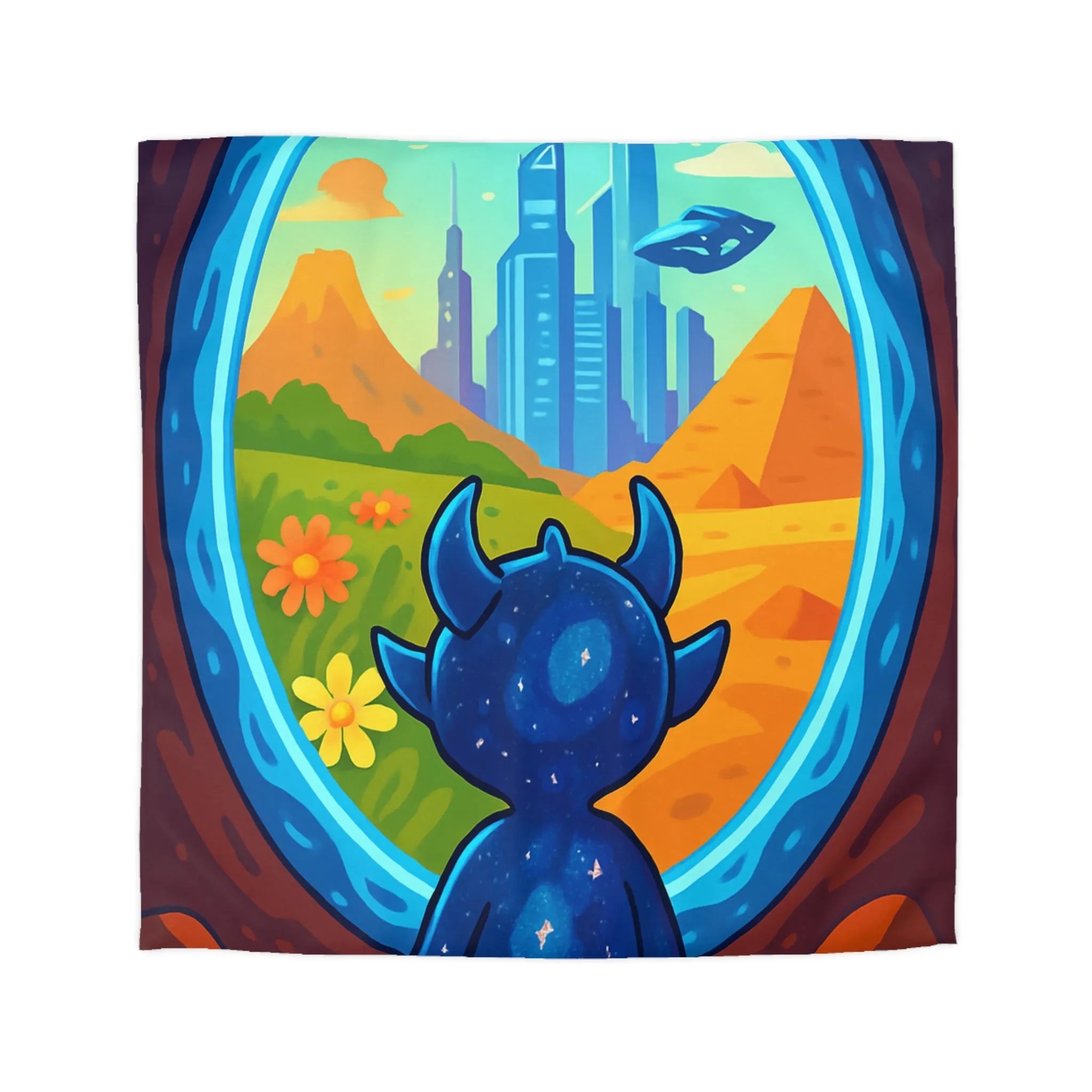 Housse de couette colorée avec créature cosmique et paysage futuriste magique