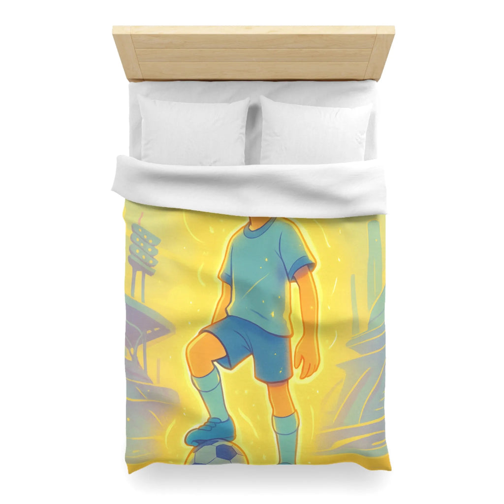 Housse de couette inspirée d'un jeune footballeur en action avec ambiance lumineuse
