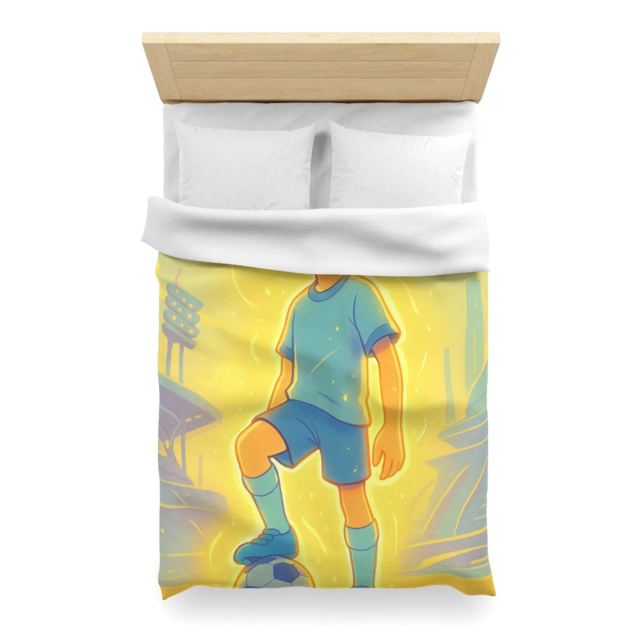 Housse de couette inspirée d'un jeune footballeur en action avec ambiance lumineuse
