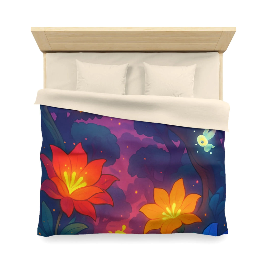 Housse de Couette avec Fleurs Lumineuses et Paysage Enchanté de Forêt Magique Nocturne