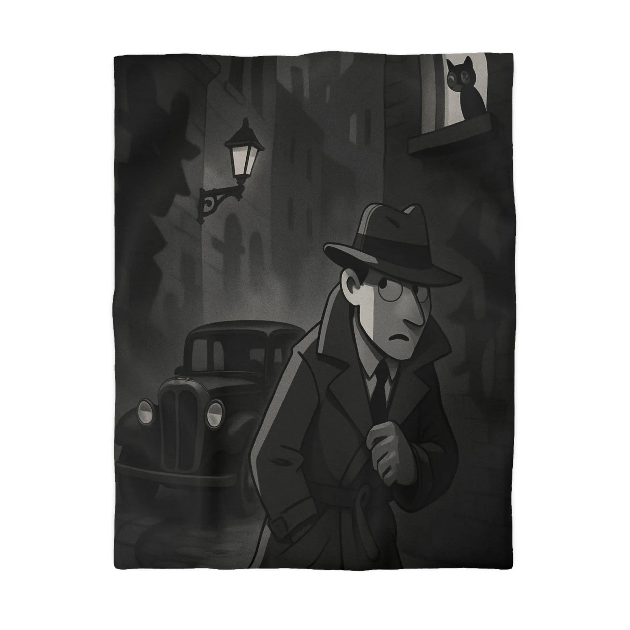 Housse de couette élégante avec scène de détective en ville sous lampadaire nocturne