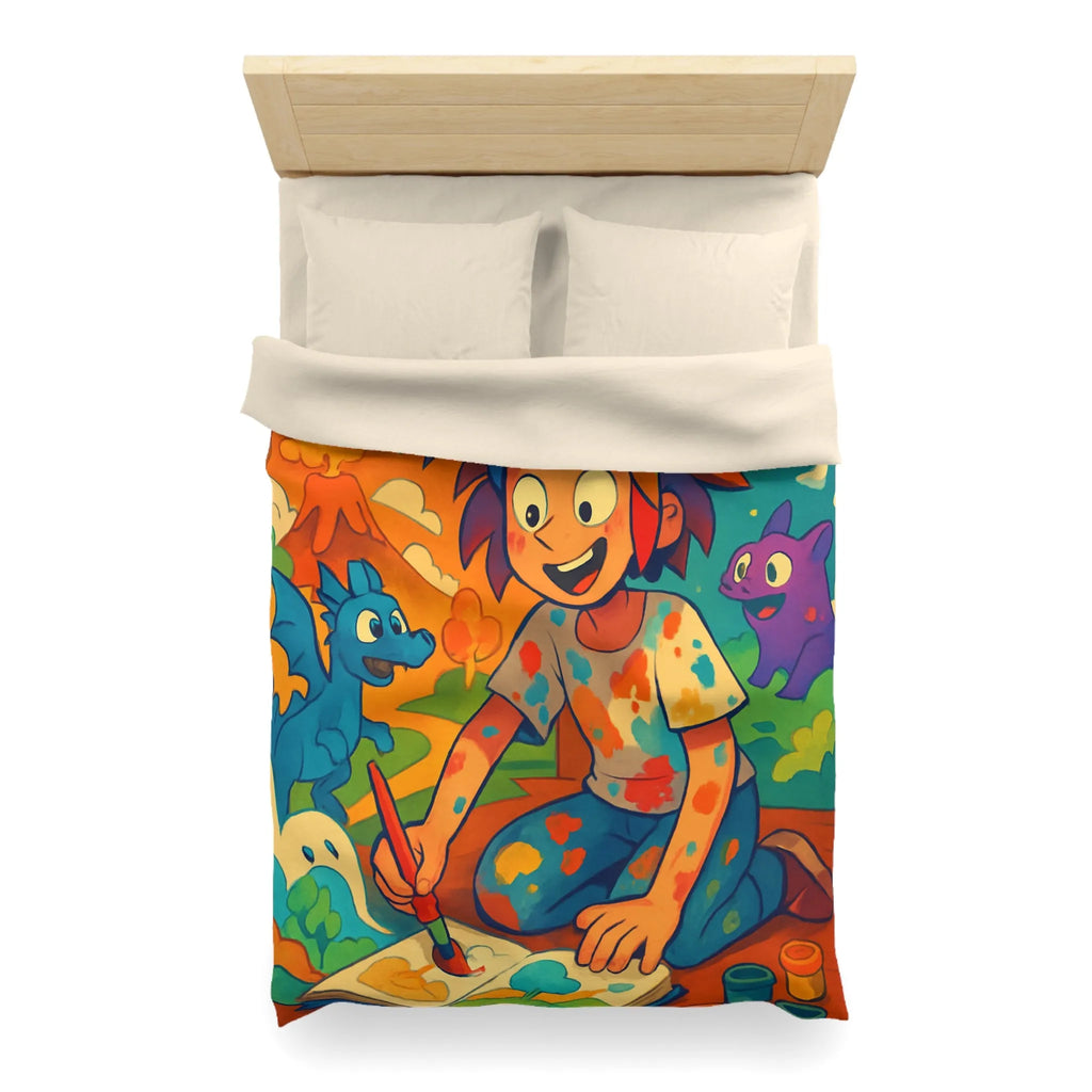 Housse de couette colorée illustrée avec enfant créatif et créatures fantastiques joyeuses