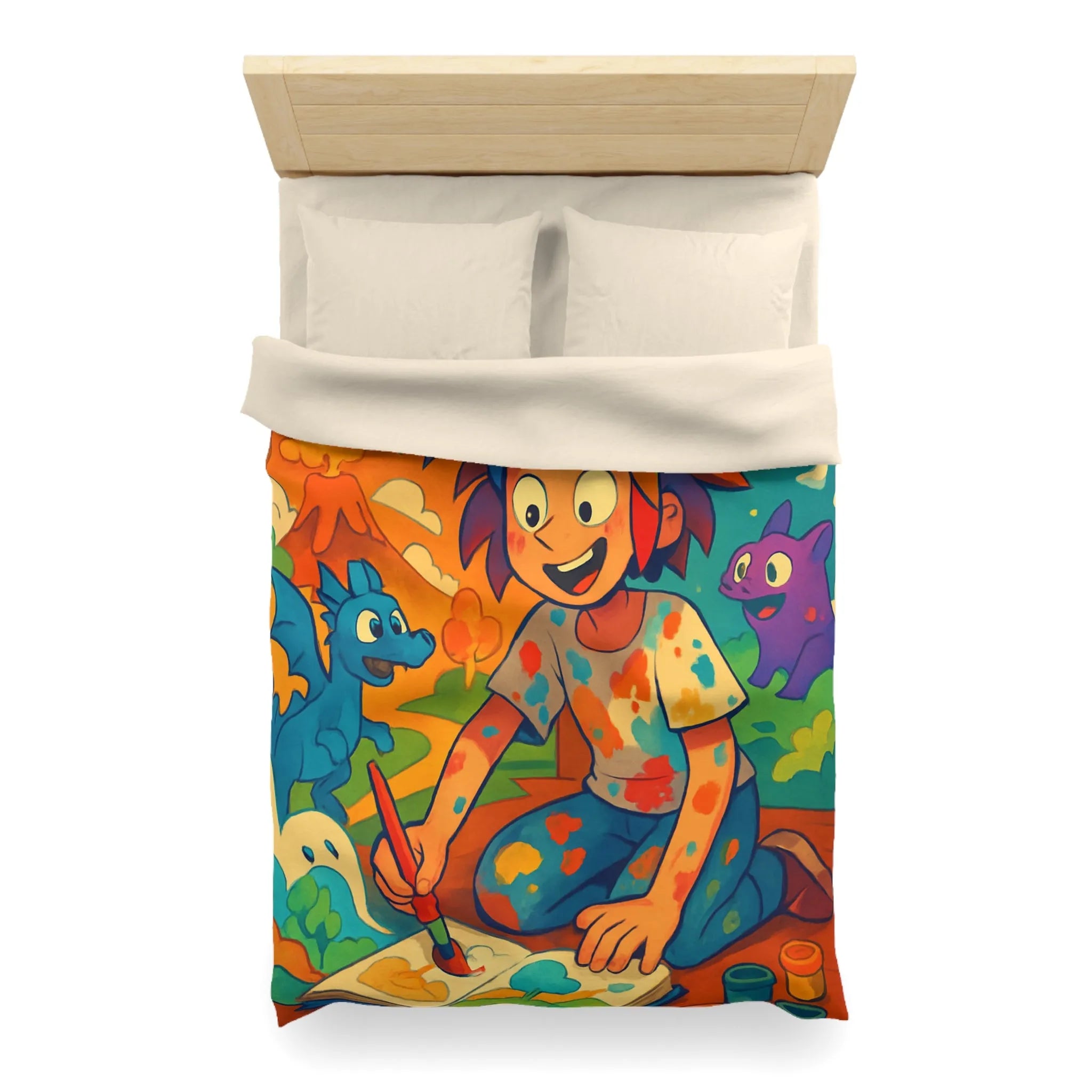 Housse de couette colorée illustrée avec enfant créatif et créatures fantastiques joyeuses