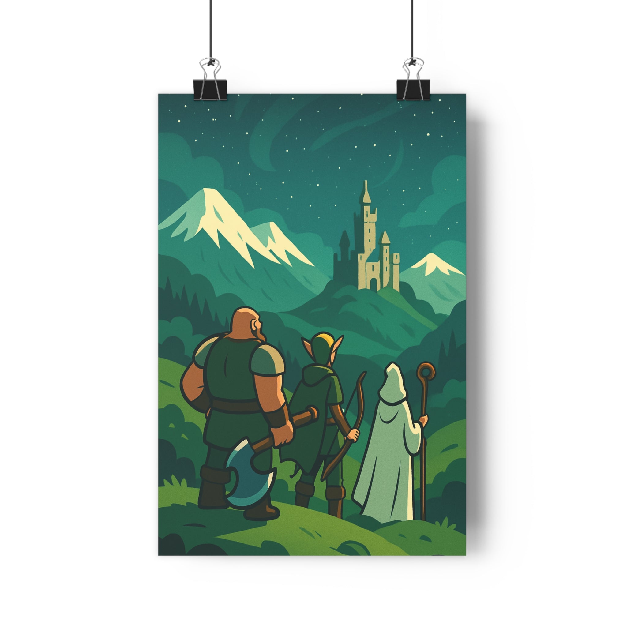 Poster décoratif épique aventuriers château ciel étoilé vert bleu dessin animé magique chambre 30x46