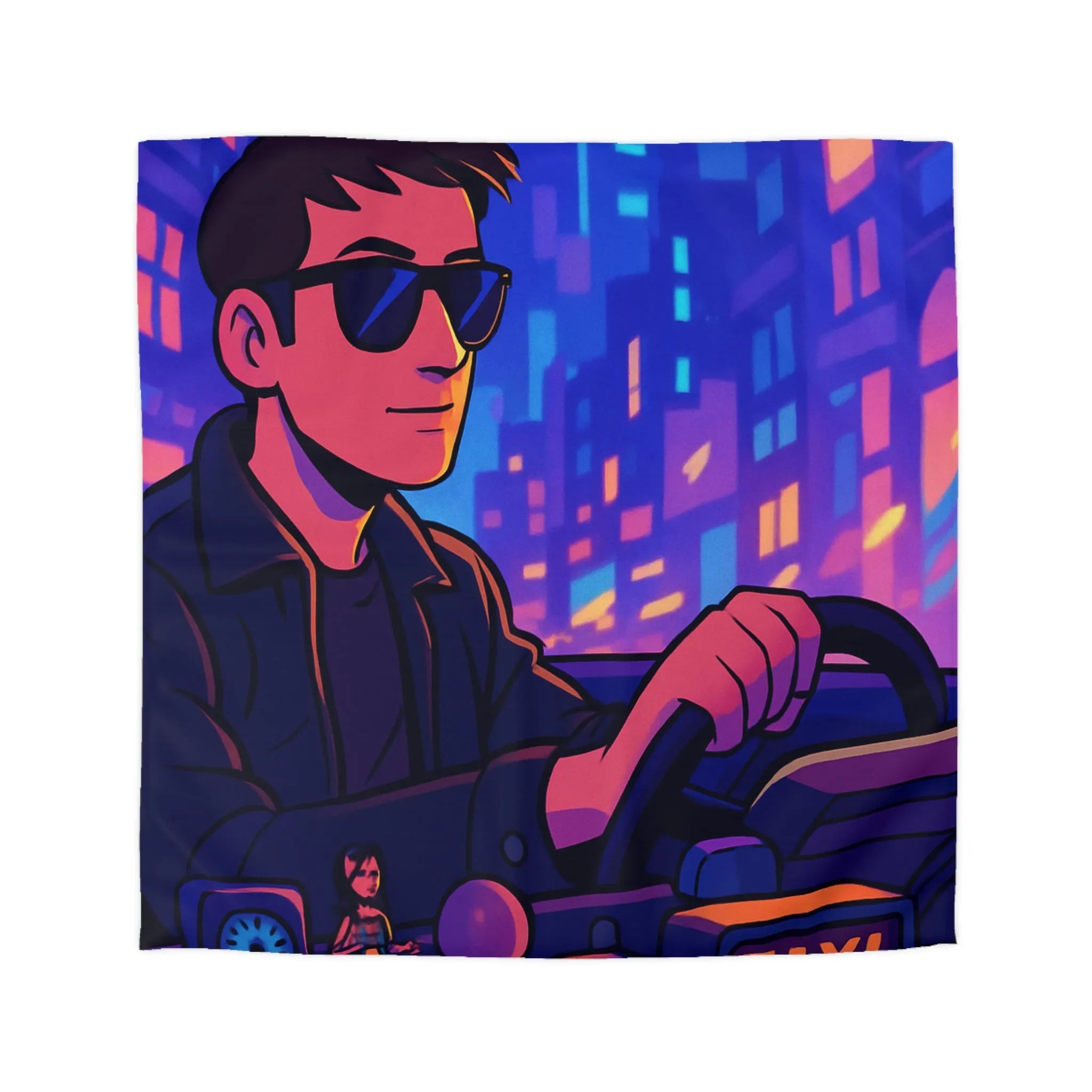 Housse de couette avec illustration rétro taxi urbain style néon pour chambre moderne