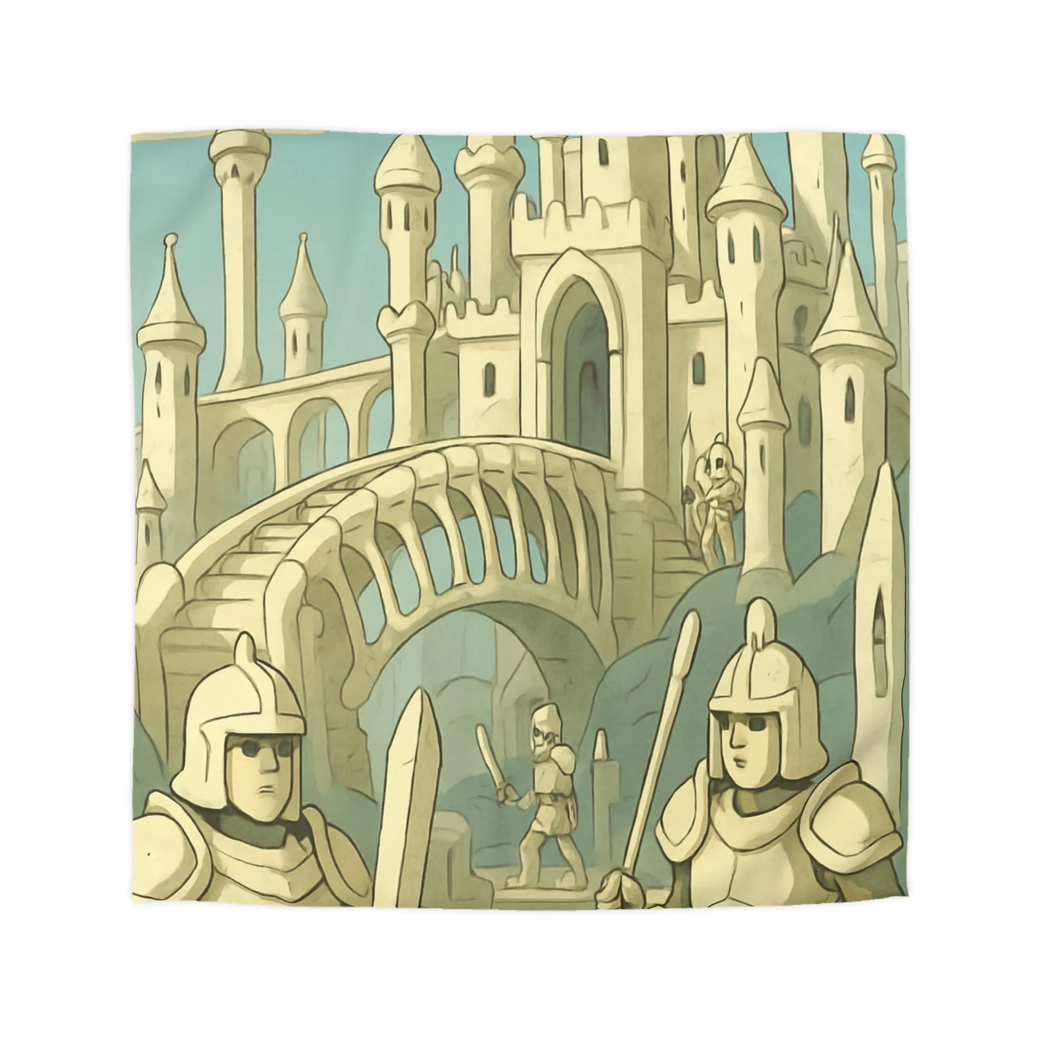 Housse de couette médiévale illustrée avec château crâne et chevaliers en armure
