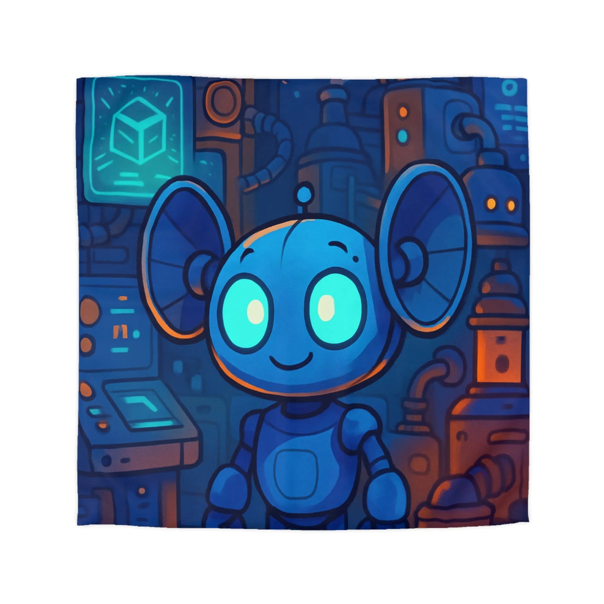 Housse de couette enfant motif robot mignon bleu dans laboratoire futuriste nuit