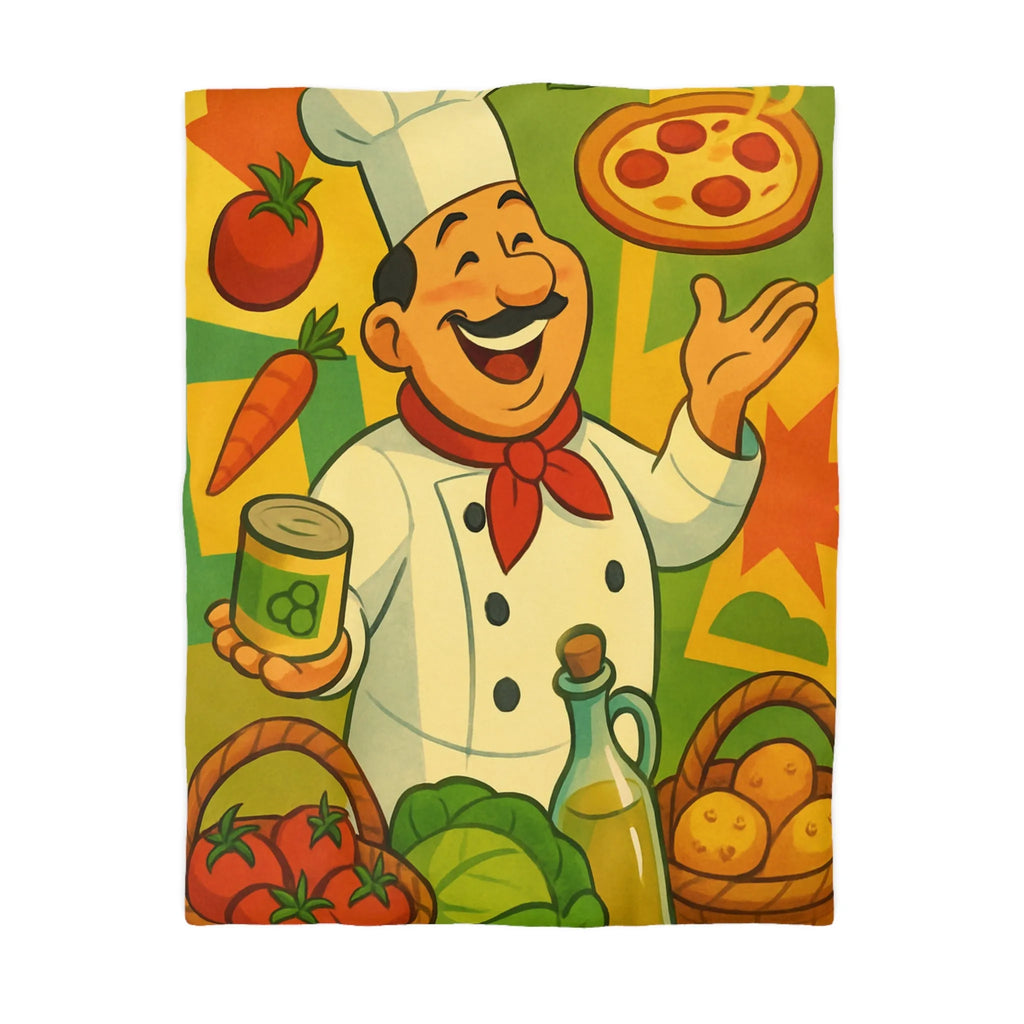 Housse de Couette Illustrée de Chef Heureux avec légumes et Pizza Méditerranéenne Colorée