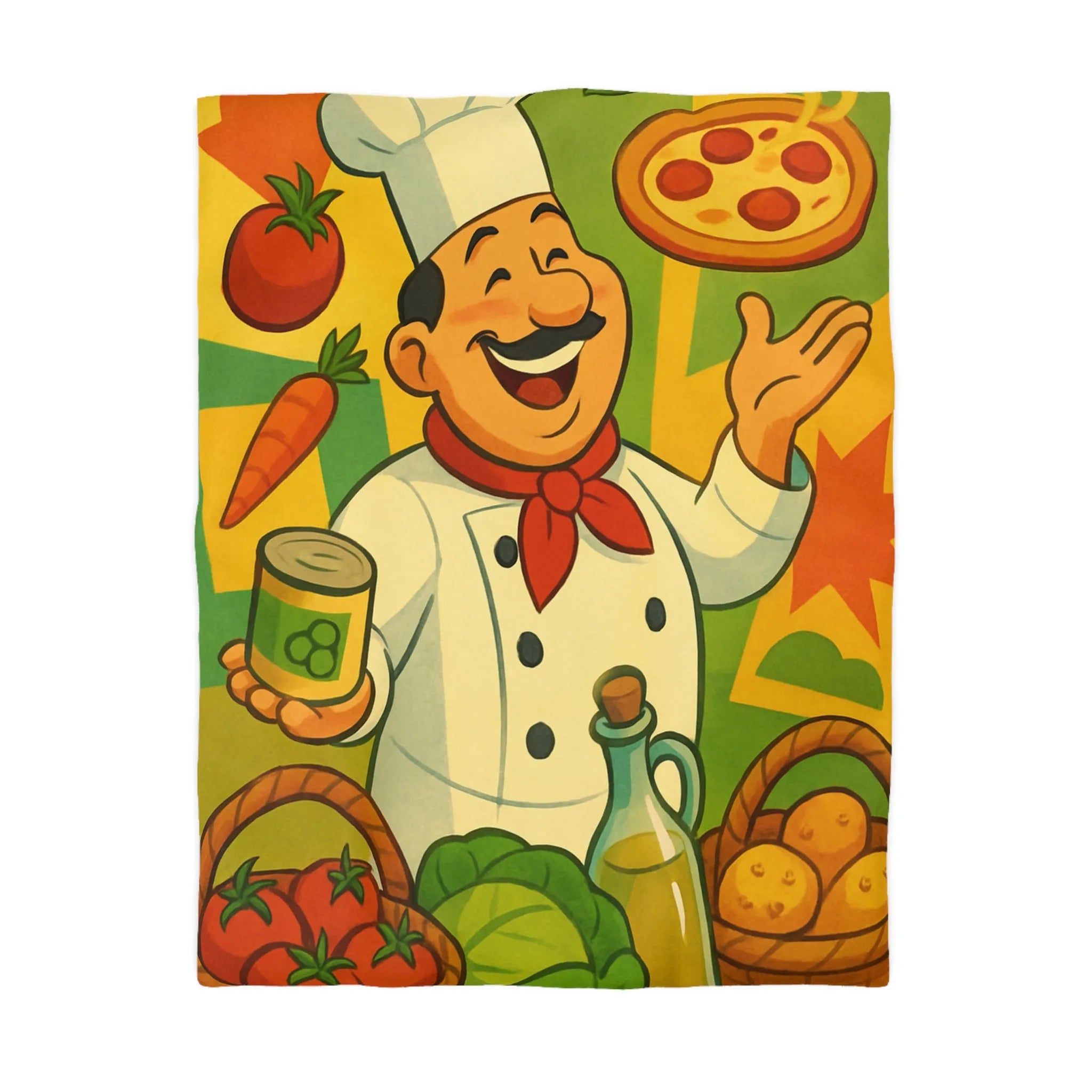 Housse de Couette Illustrée de Chef Heureux avec légumes et Pizza Méditerranéenne Colorée
