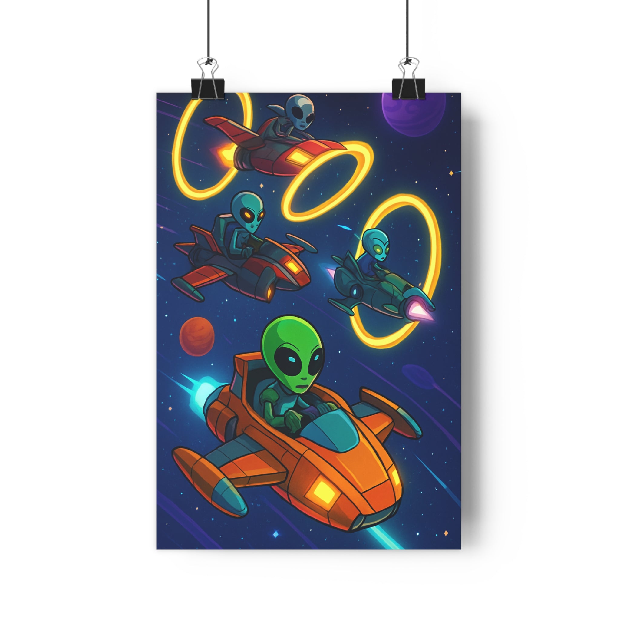 Poster décoratif interstellaire extraterrestre vaisseaux spatiaux colorés sciencefiction animé vert orange chambre 30x46 qualité