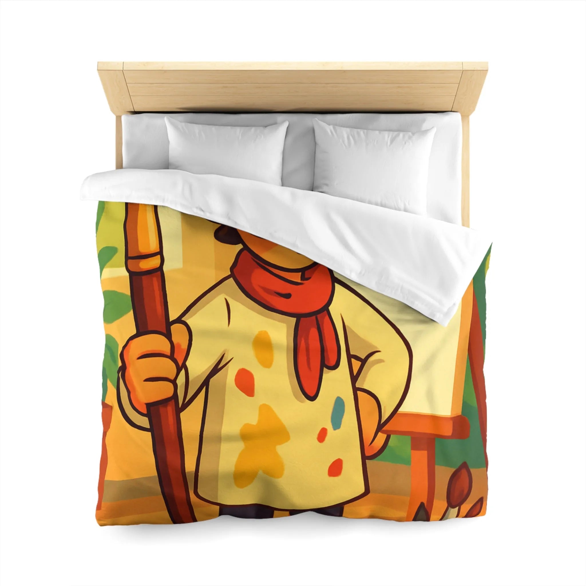 Housse de couette artiste moustachu amusant avec chevalet, pinceaux et pots de peinture