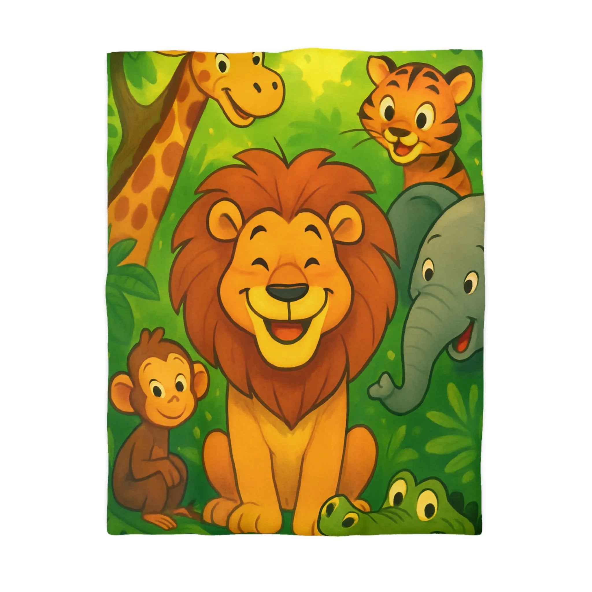 Housse de couette enfant jungle avec animaux joyeux, lion, tigre, girafe, éléphant