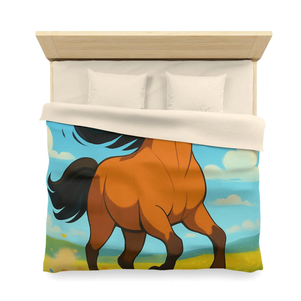 Housse de couette cheval couleur vive, prairie en fleurs, nuages, ciel bleu