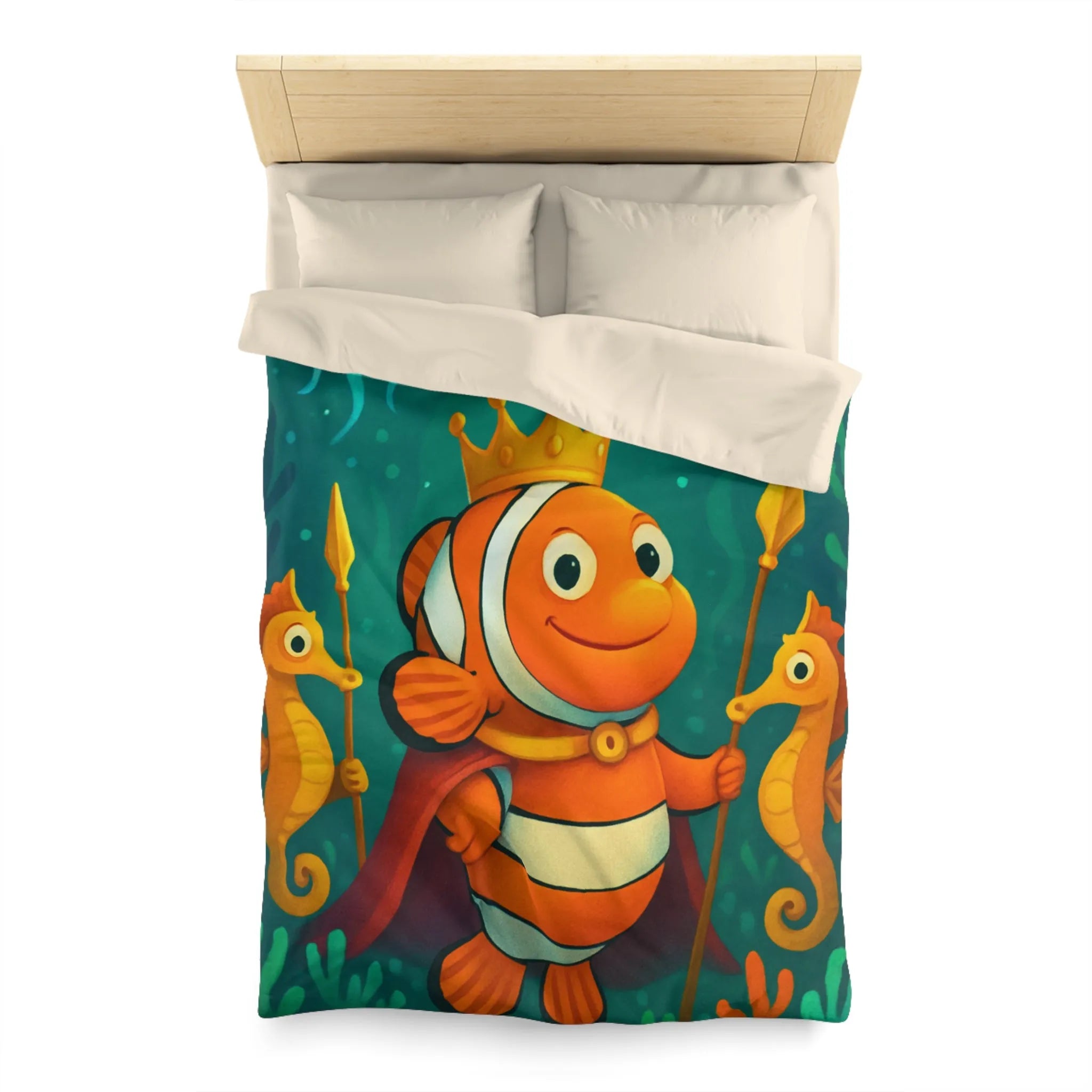Housse de couette enfant joyeuse poisson clown roi et hippocampes joueurs aquatiques