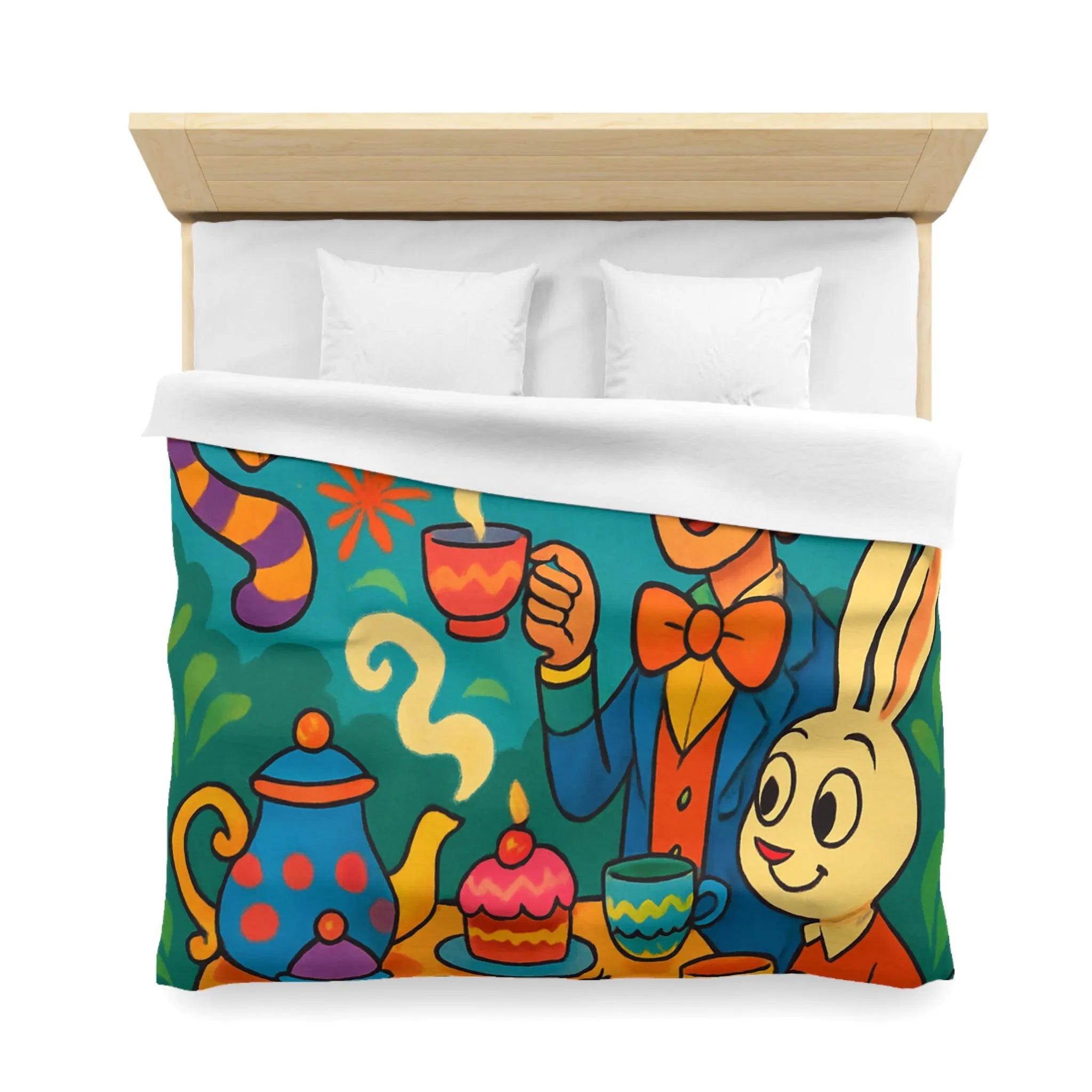 Housse de couette colorée avec scène de thé joyeuse inspirée d'un conte fantaisiste