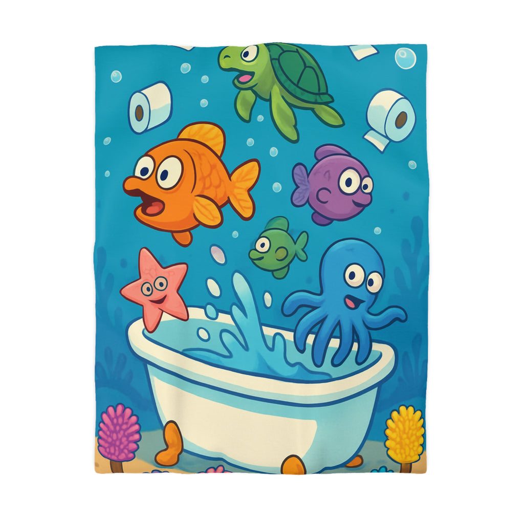 Housse de couette vibrante avec animaux marins humoristiques jouant dans une baignoire colorée