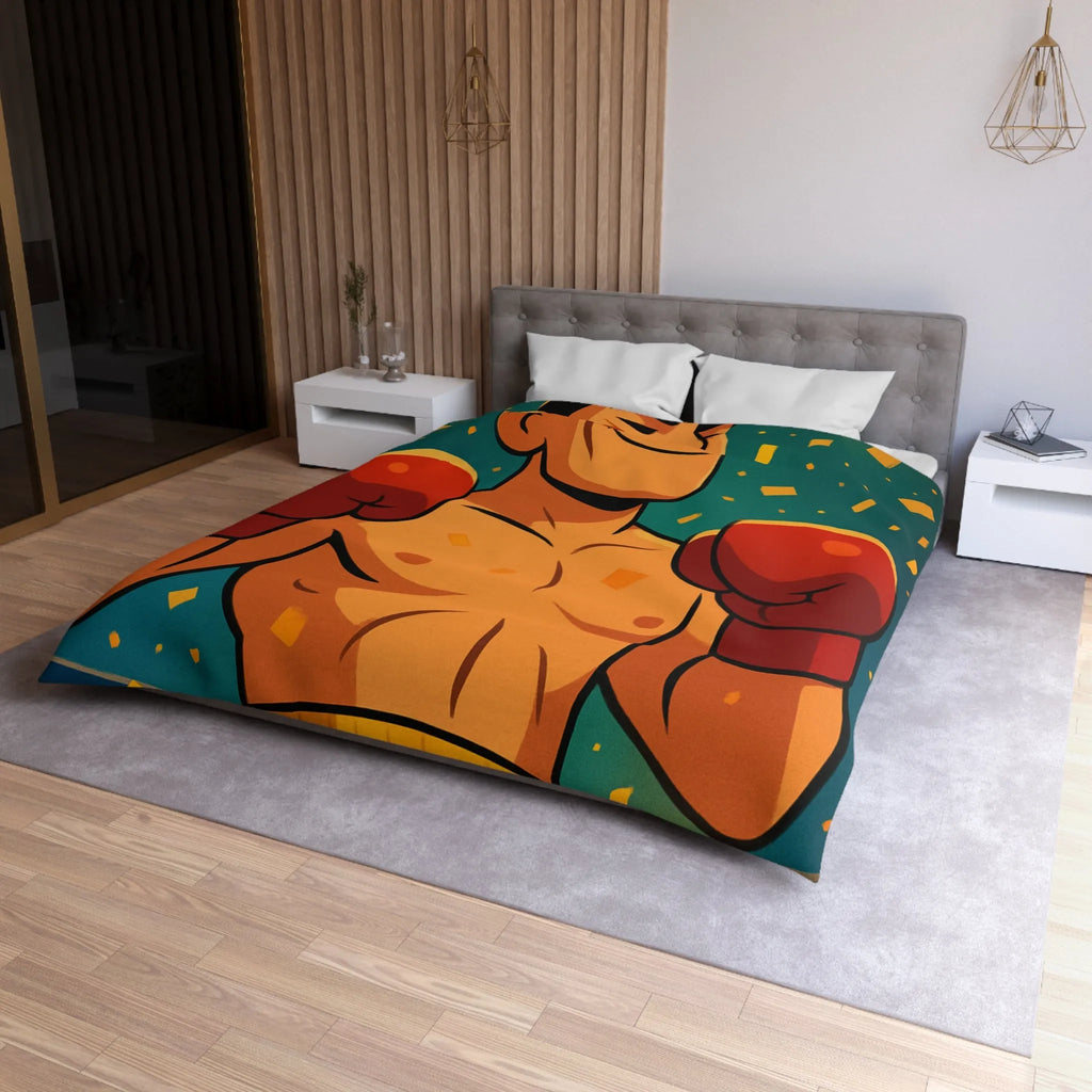 Housse de couette colorée avec boxeur en tenue rouge, ambiance festive dynamique