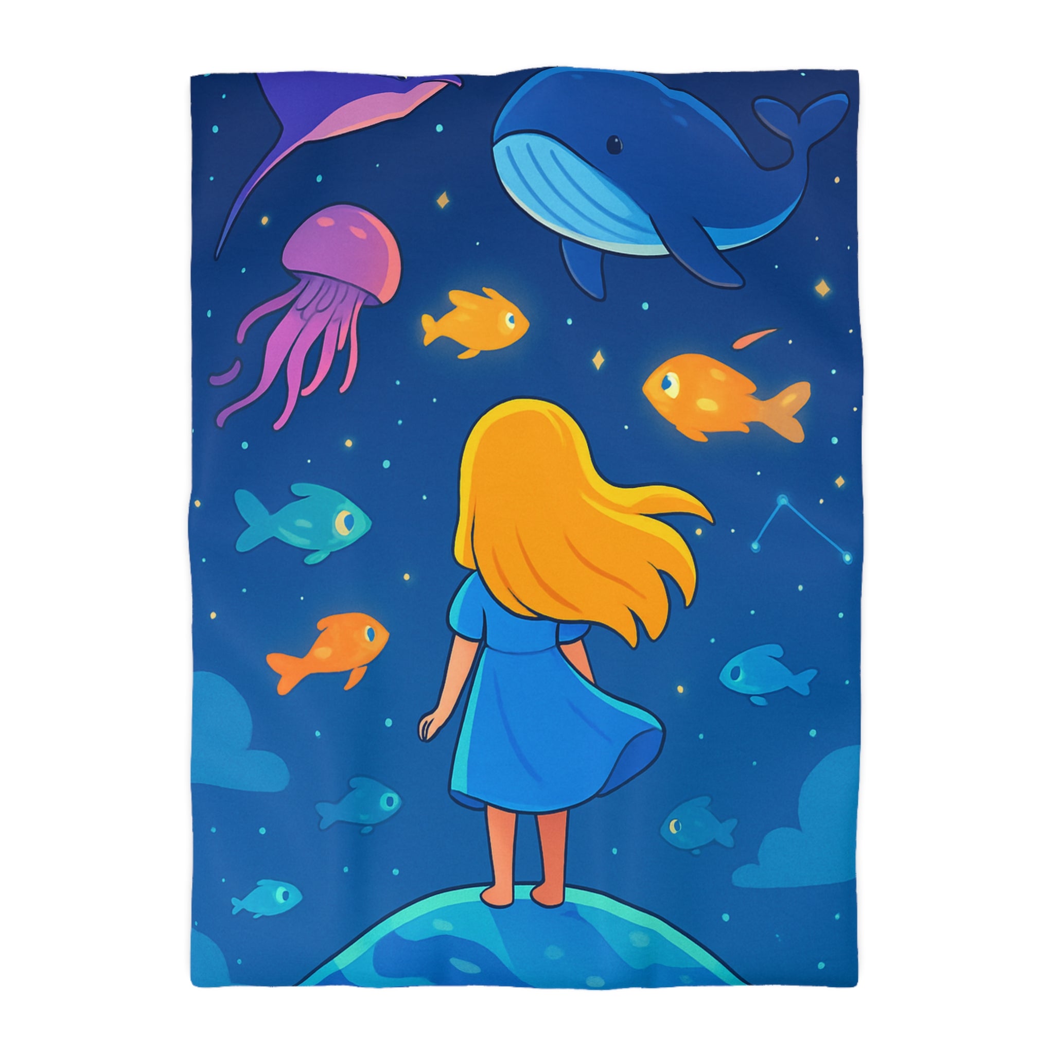 Housse de couette océane enfantine avec animaux marins, étoile ciel bleu magique