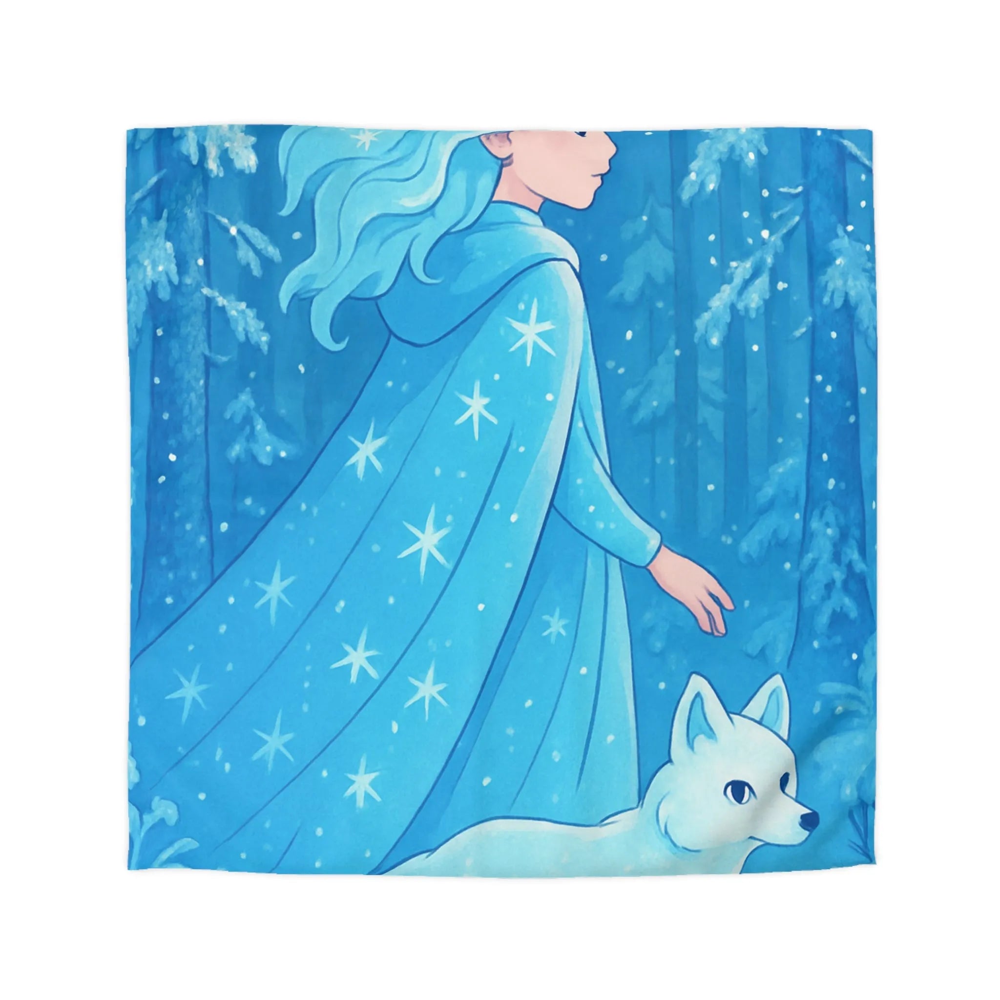 Housse de couette avec jeune fille et renard dans forêt hivernale magique