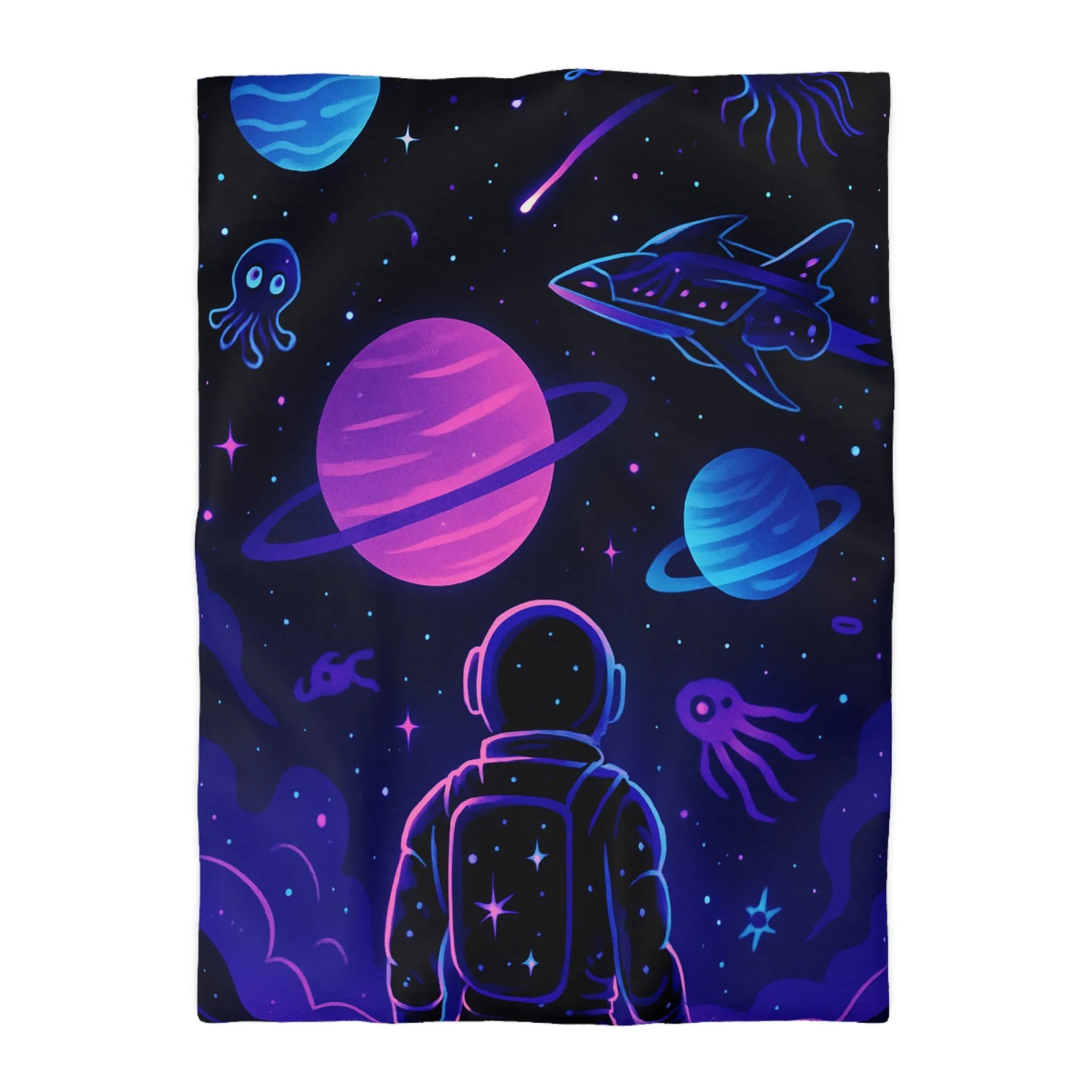 Housse de couette cosmique colorée avec astronaute, planètes et motifs galactiques rêveurs