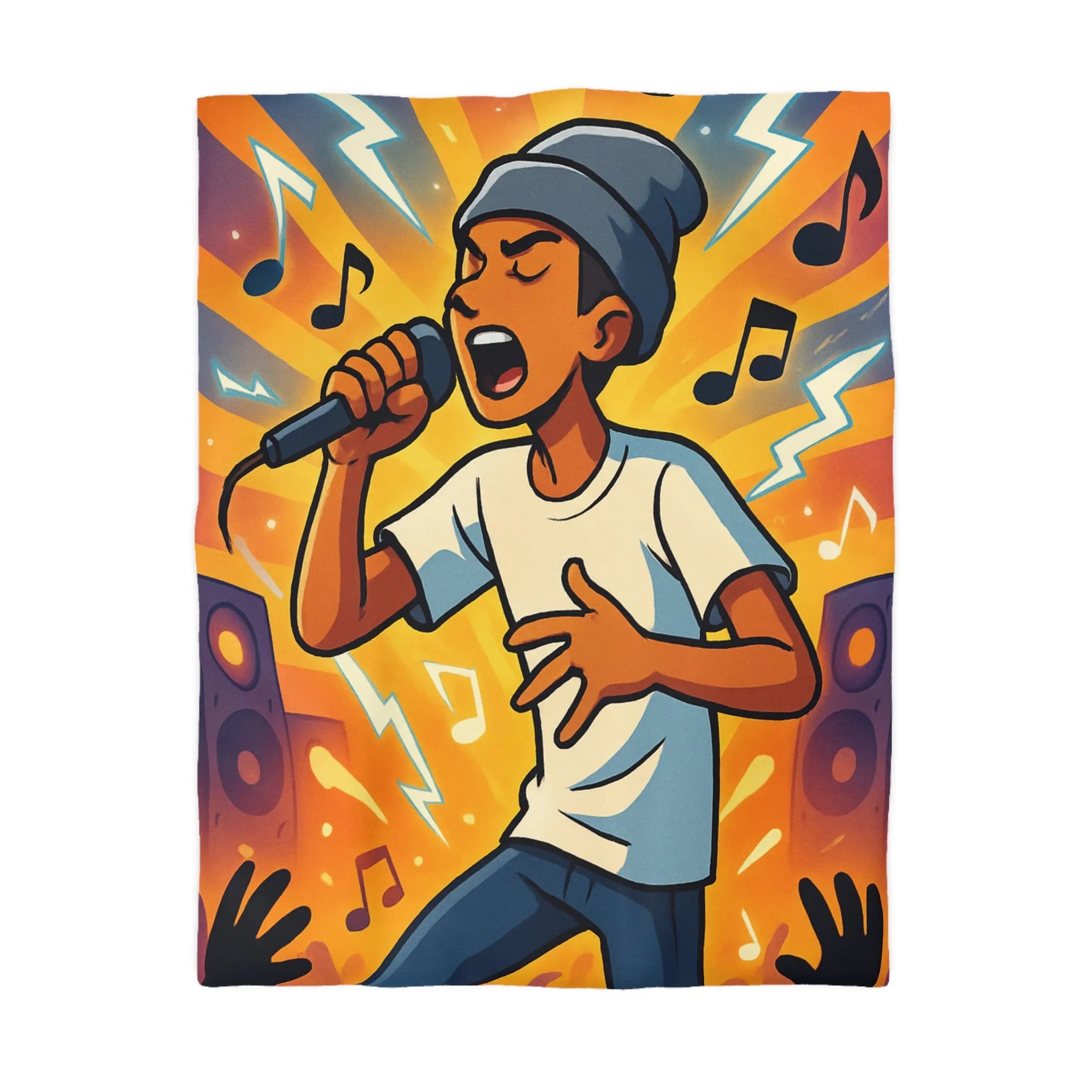 Housse de couette ambiance concert urbain avec chanteur et éclairs musicaux colorés