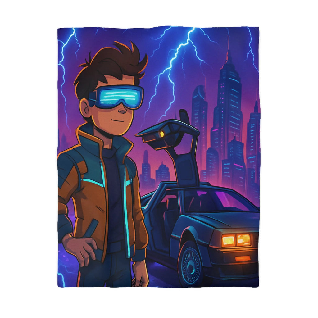 Housse de Couette Futuriste Style Rétro avec Éclair, Voiture et Jeune Garçon Aventureux