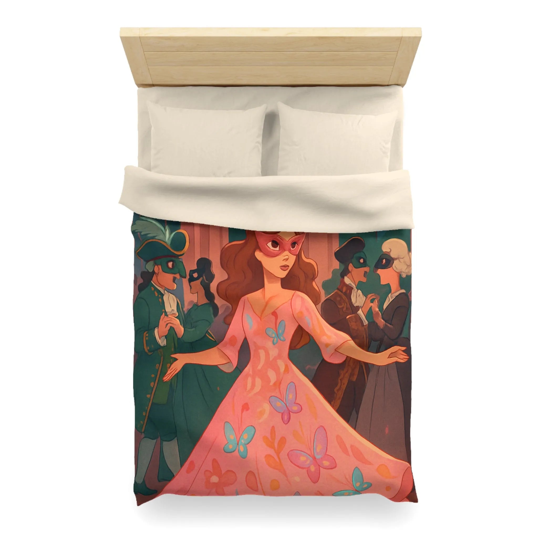 Housse de Couette Élégante avec Femmes Masquées et Papillons dans Bal Éthéré