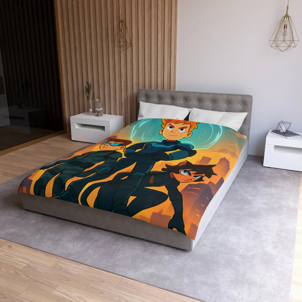 Ensemble d'aventure animé avec enfants héros sur fond urbain au crépuscule