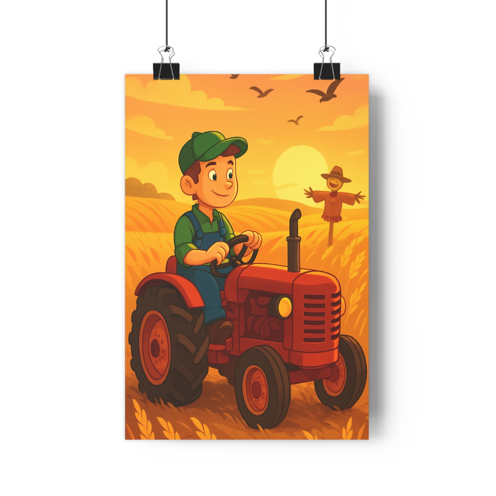 Poster décoratif agricole rouge jaune cartoon joyeux enfant chambre lumineux chaleureux nature campagne tracteur