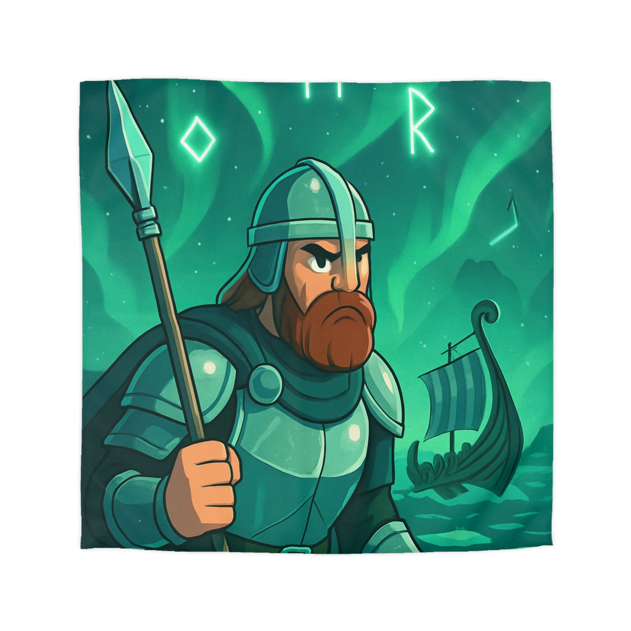 Housse de Couette Viking Vert Émeraude avec Guerrier et Aurores Boréales pour Chambre