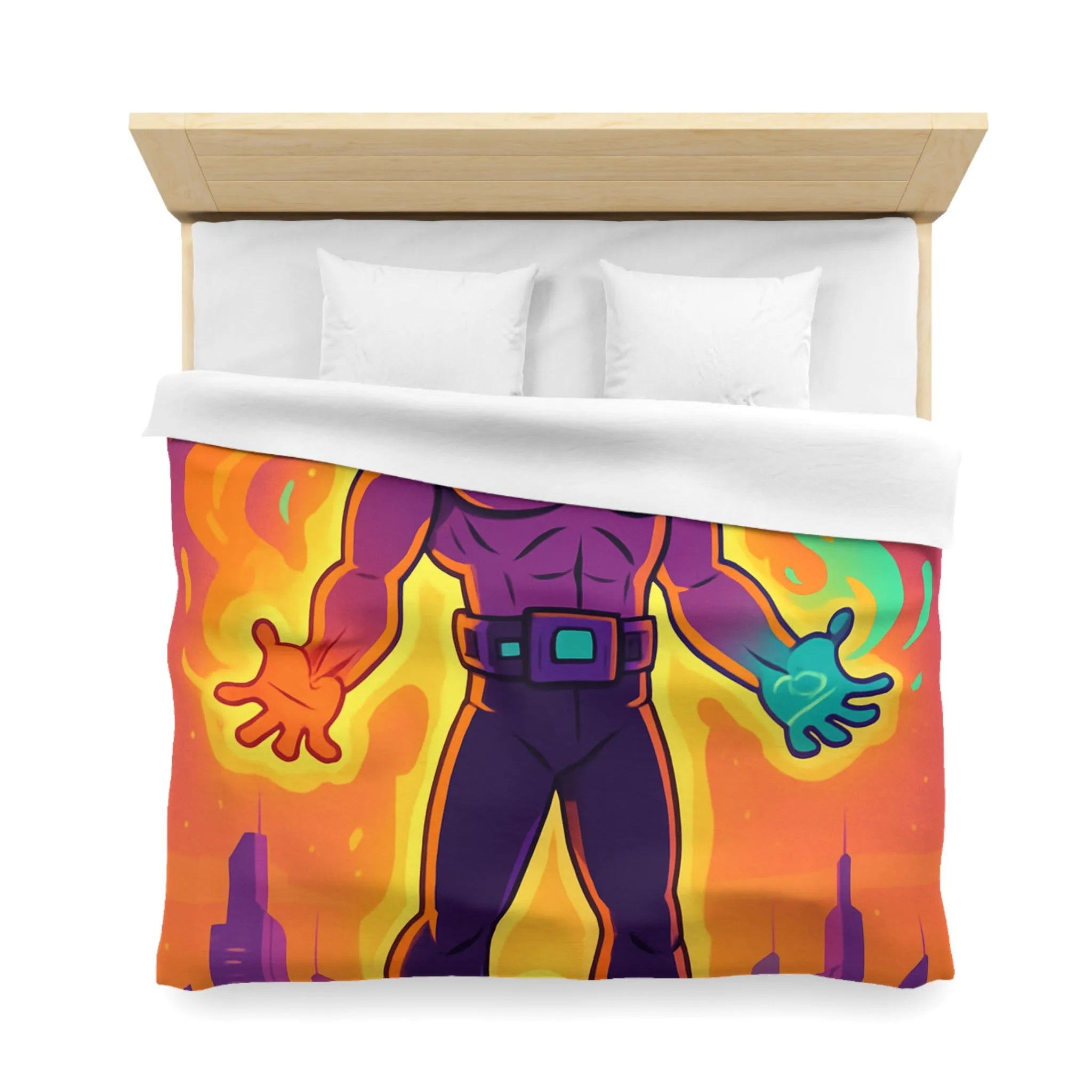 Housse de couette avec héros des éléments enflammés et lumineux sur fond de ville