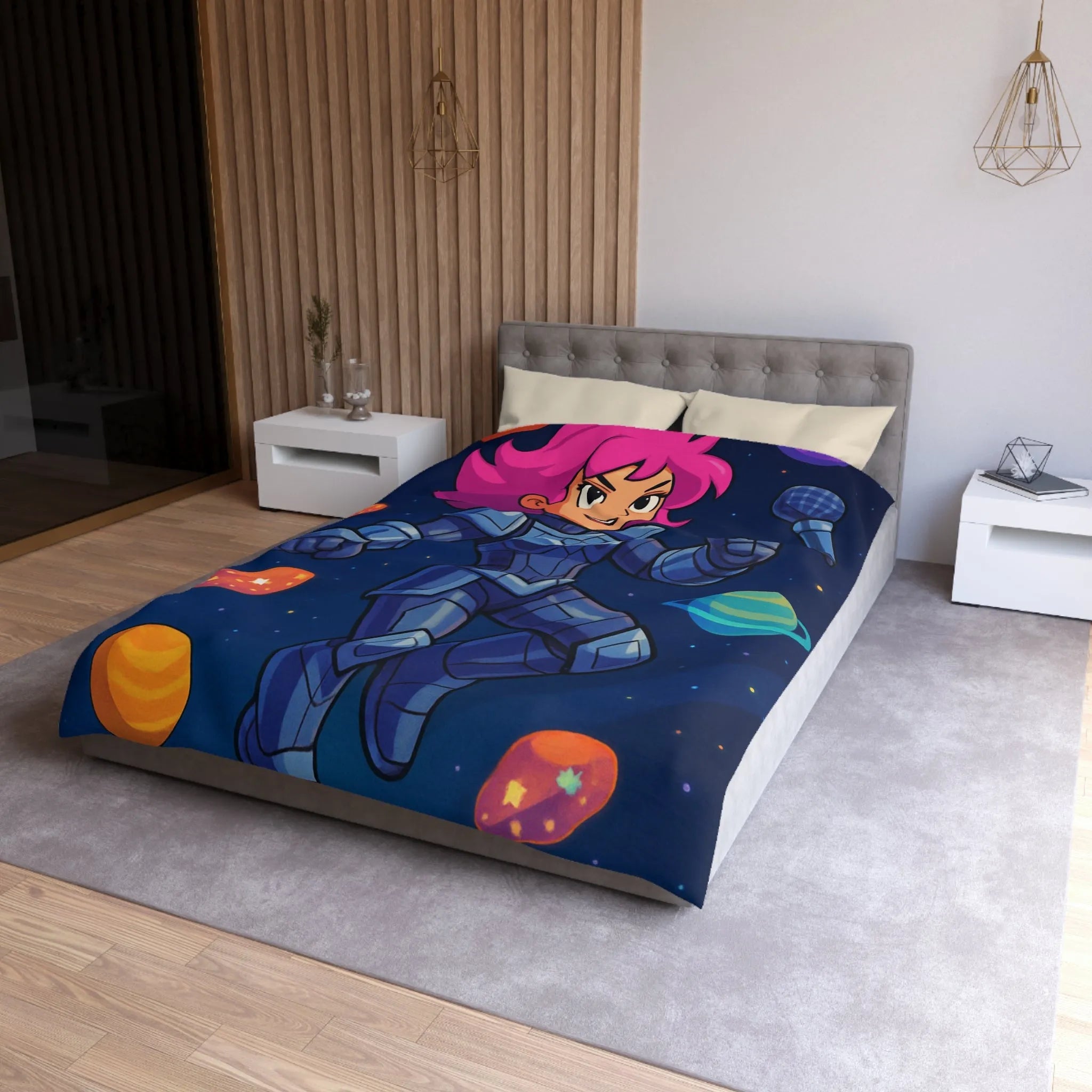Housse de couette astronaute colorée avec planètes et étoiles thème aventure spatiale