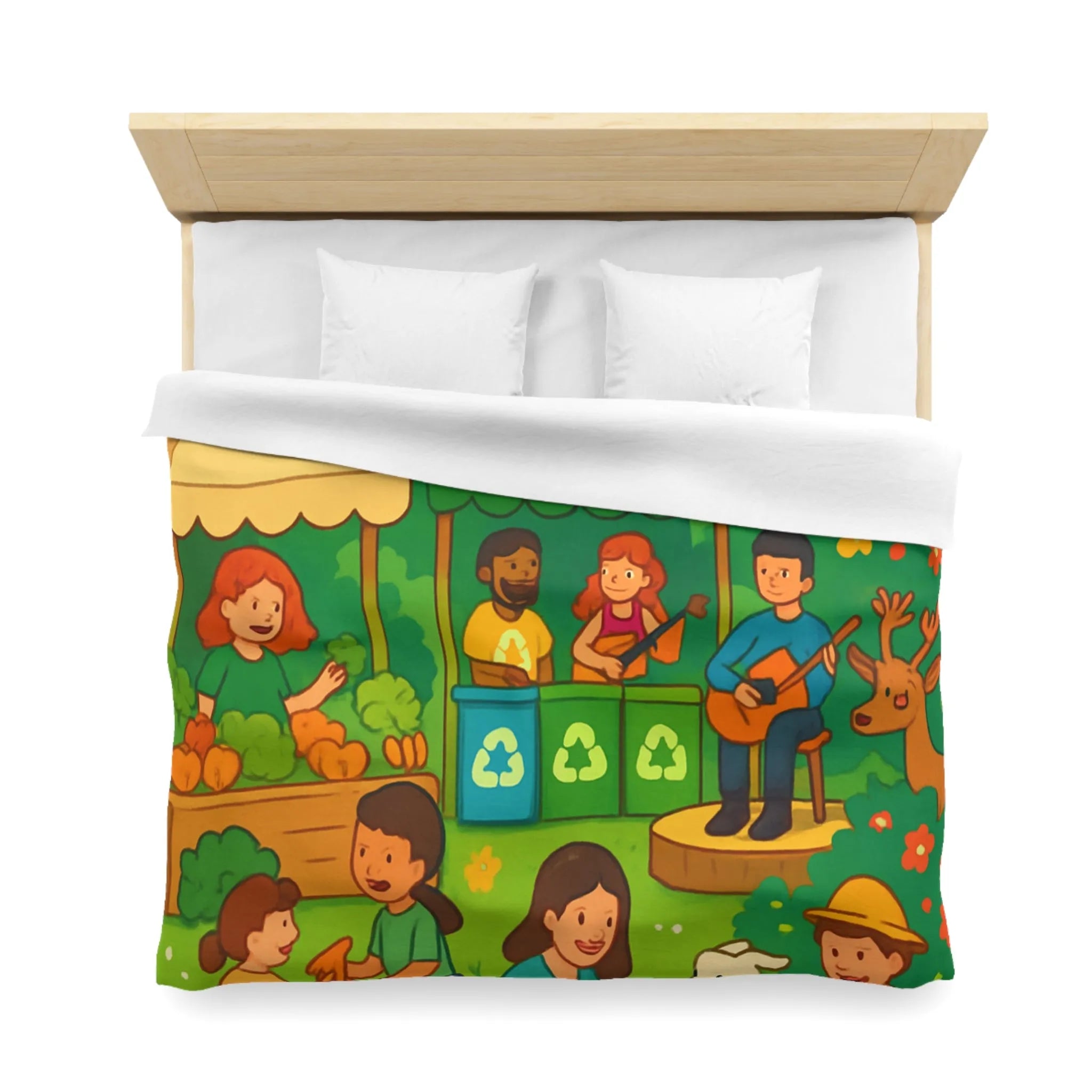 Housse de Couette Enfant Champêtre Animée avec Animaux et Marché en Été