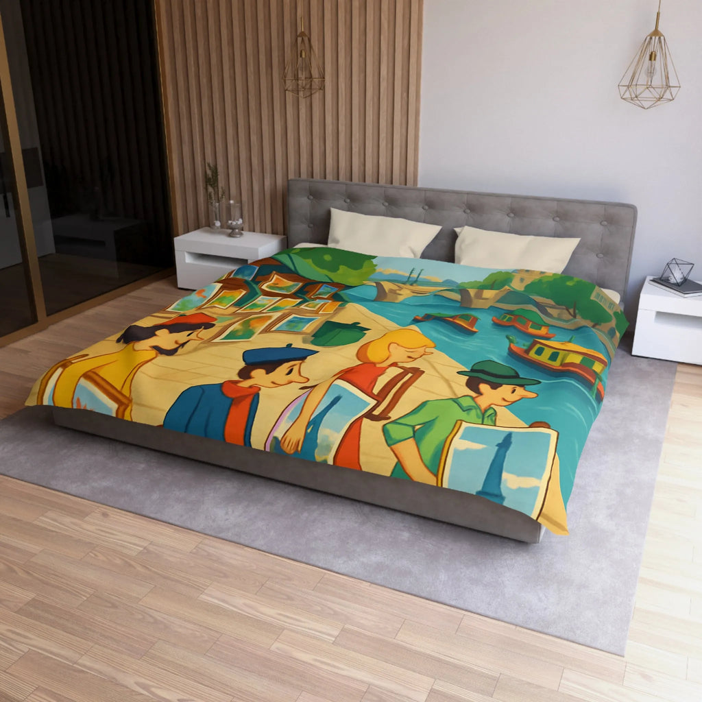 Housse de couette artistique thème parisien avec scènes de quai colorées et peintres joyeux