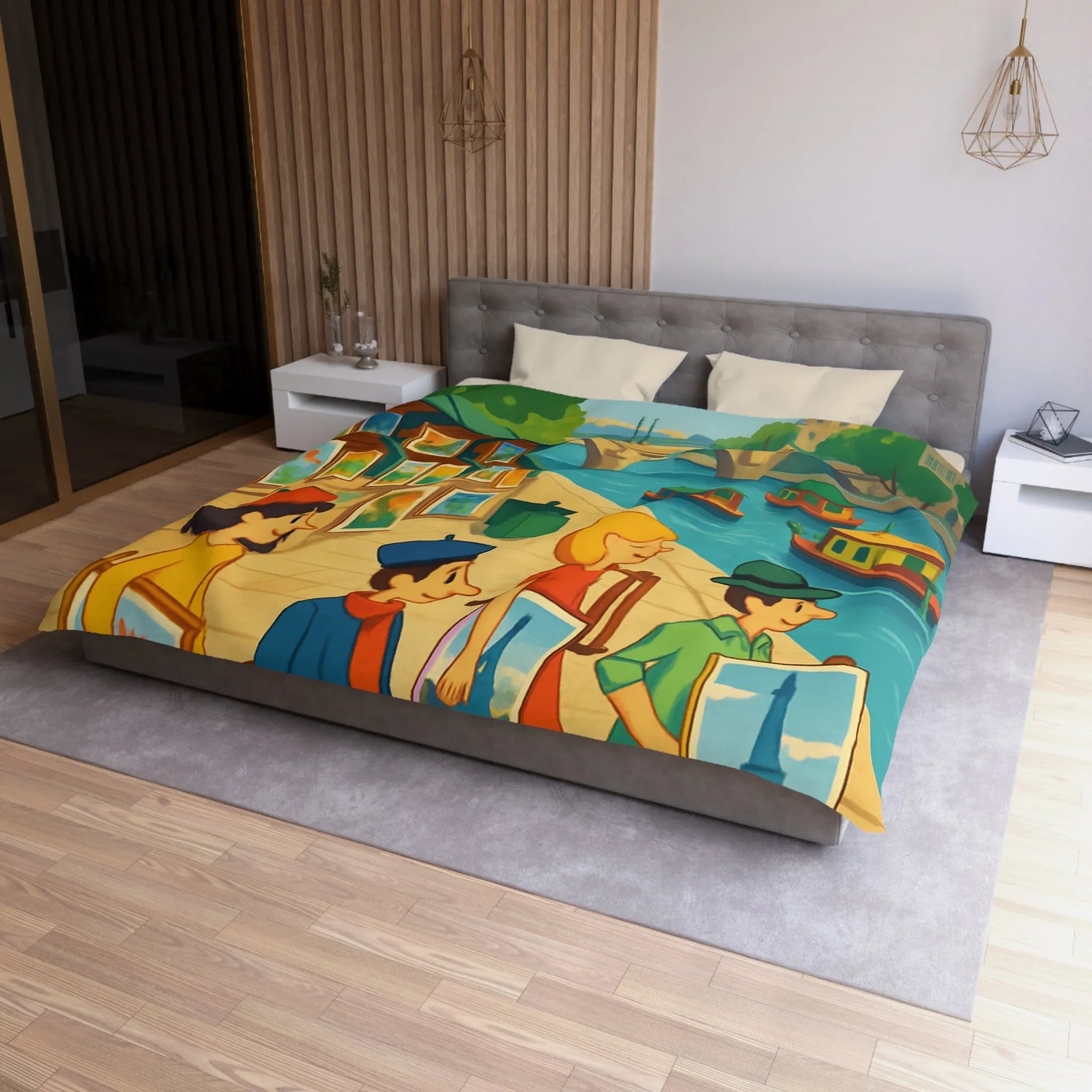 Housse de couette artistique thème parisien avec scènes de quai colorées et peintres joyeux