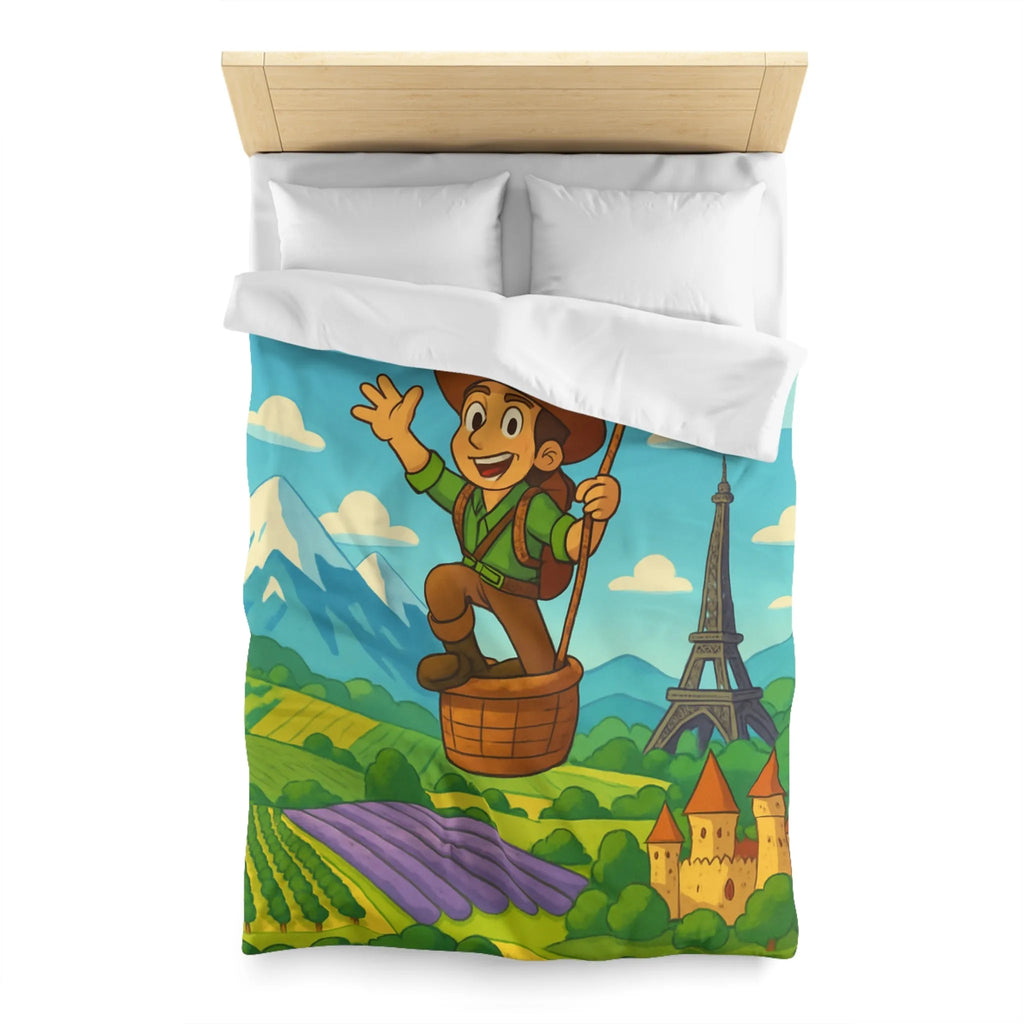 Charmant voyageur en montgolfière surplombant paysages français, champs et monuments emblématiques